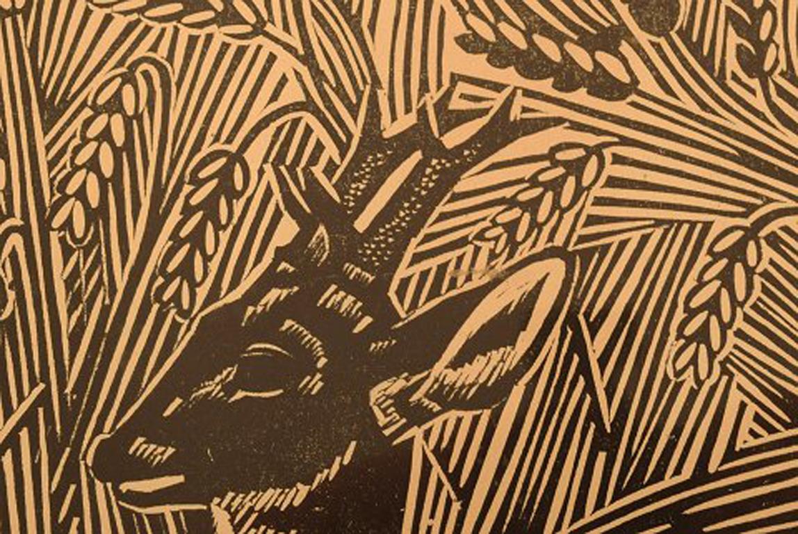 Axel Salto, Lithograph, Deers Lying in Corn Field 1