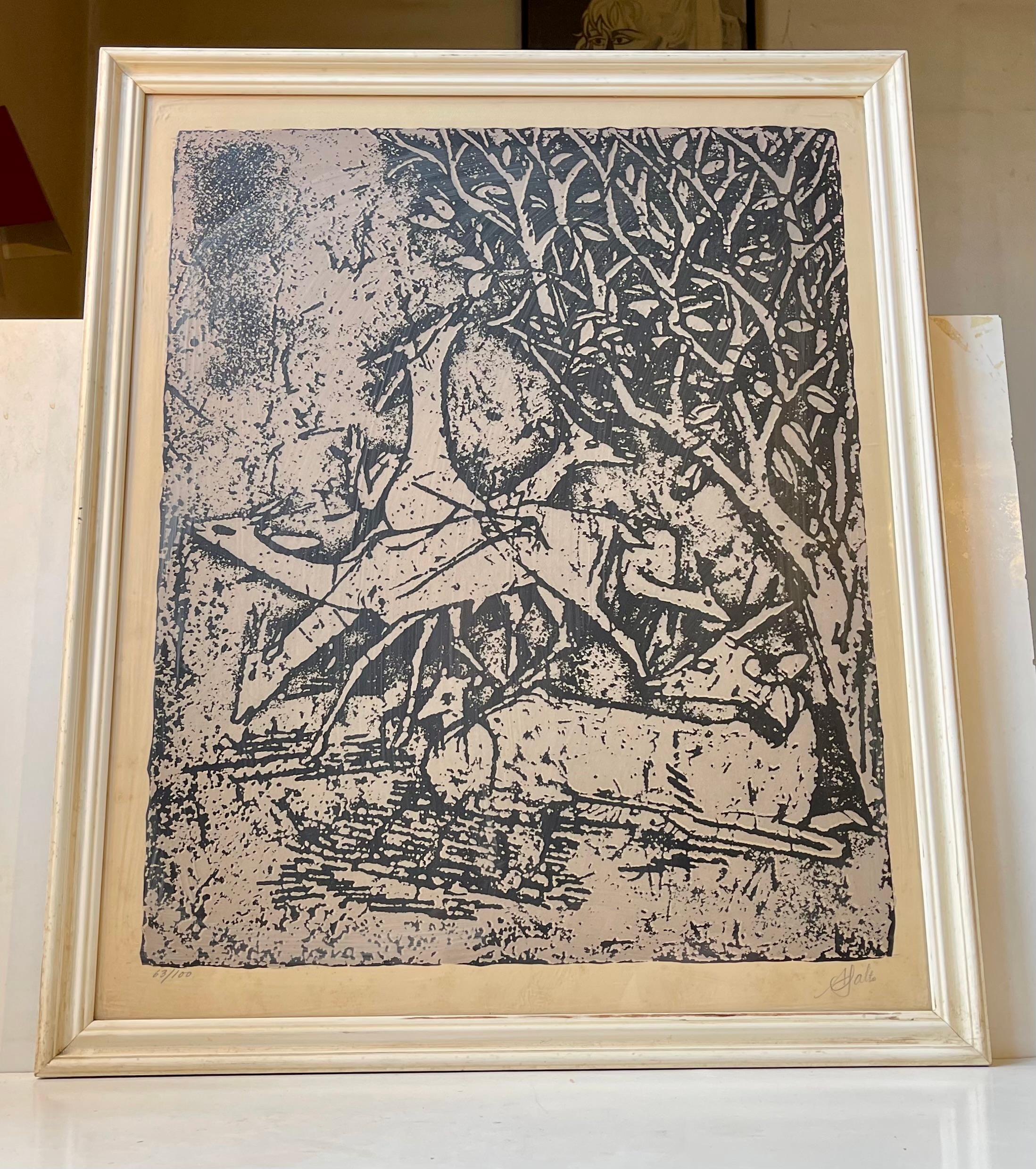 Large Axel Salto woodcut/lithograph. Typical Salto depiction of wild deer in a grey/black composition. This is number 63 of af limited run of 100 pieces made during the late 1930s or early 40s. Pencil signed by the artist A. Salto to its bottom
