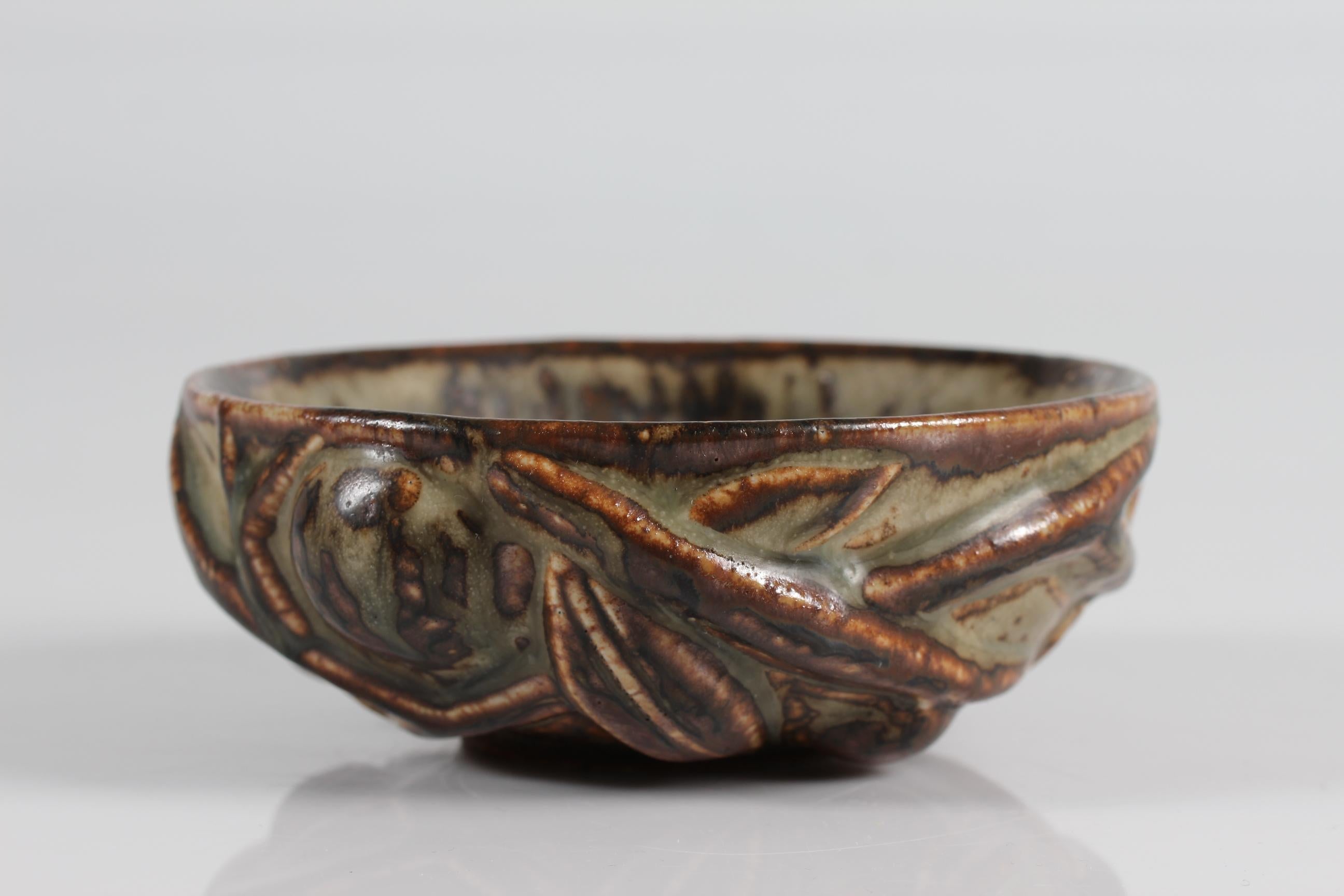 Scandinavian Modern Axel Salto Stoneware Bowl with Nature Relief + Sung Glaze Denmark Mid-Century