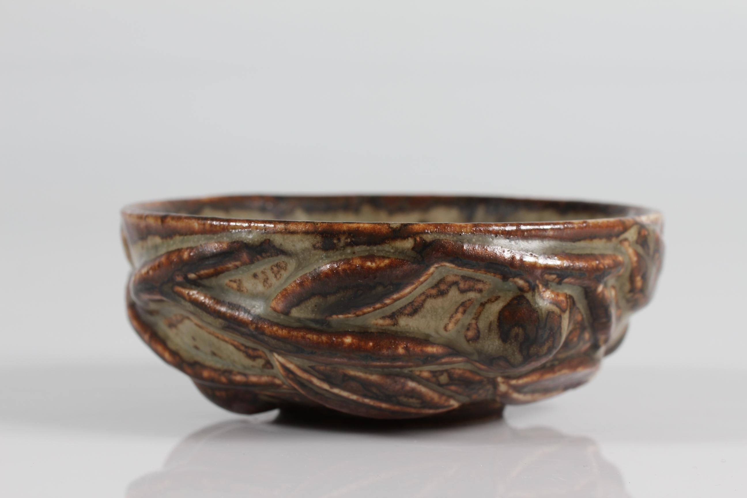 Danish Axel Salto Stoneware Bowl with Nature Relief + Sung Glaze Denmark Mid-Century