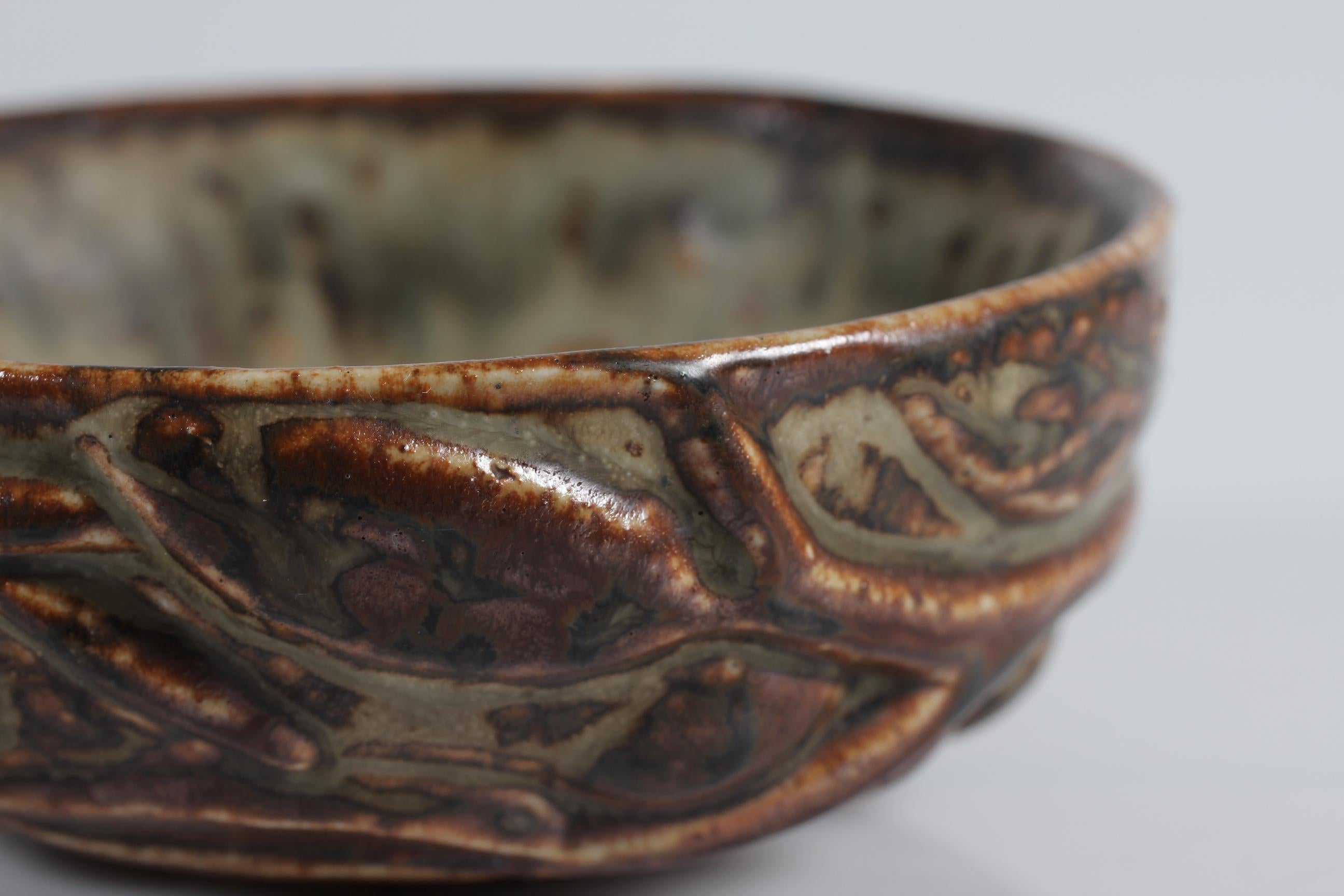 Glazed Axel Salto Stoneware Bowl with Nature Relief + Sung Glaze Denmark Mid-Century