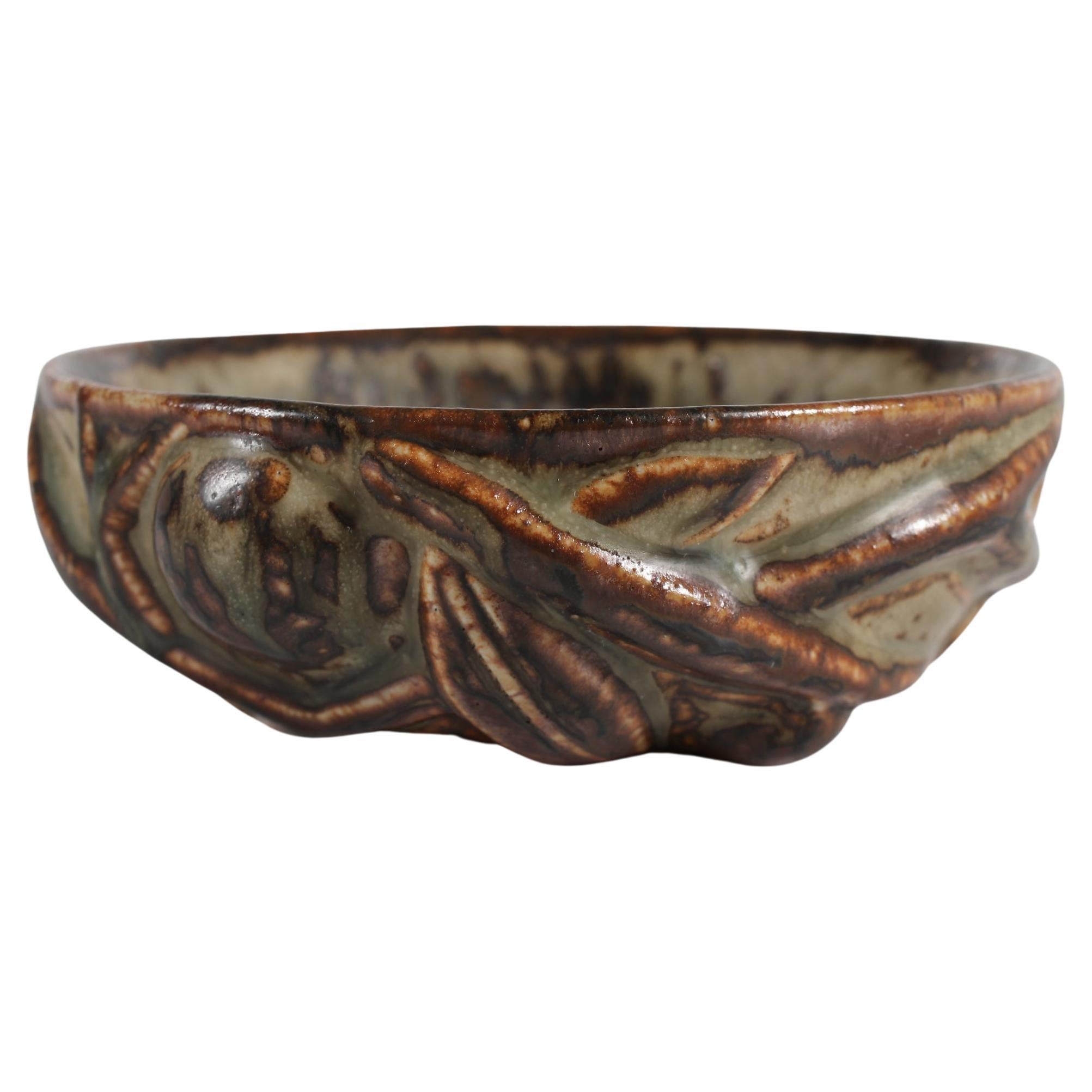 Axel Salto Stoneware Bowl with Nature Relief + Sung Glaze Denmark Mid-Century