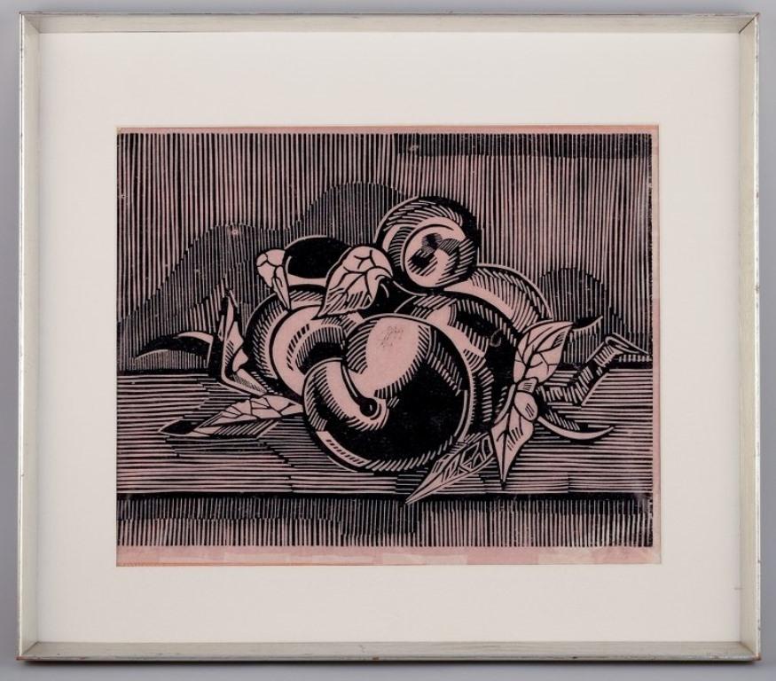 Axel Salto. Woodcut on Japan paper. 
Composition with arranged apples.
1922.
Signed in pencil.
In excellent condition.
Dimensions: 41.0 cm x 33.0 cm.
Total dimensions: 56.0 cm x 48.5 cm.
