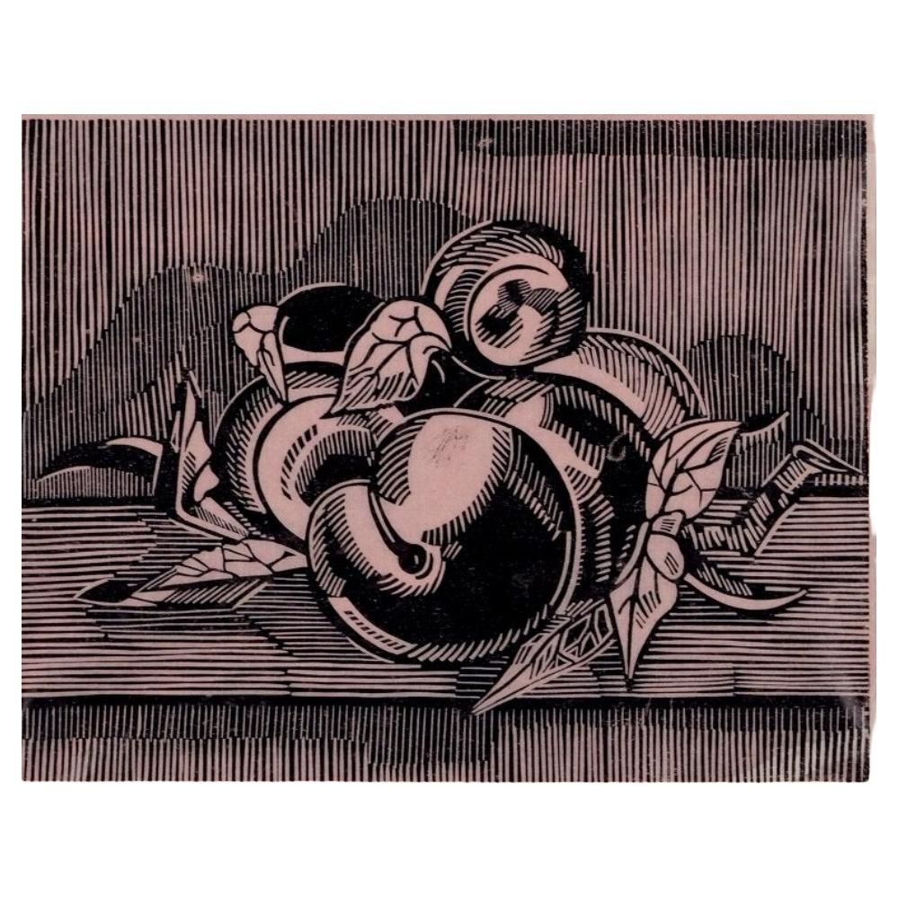Axel Salto. Gravure sur bois sur papier japonais.  Composition avec des pommes disposées. 1922.