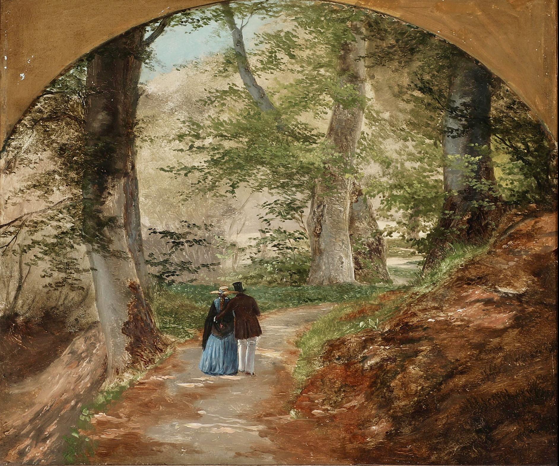 Morning Walk in the Forest - Oil on canvas 19th Century - Naturalistic Painting by Axel Schovelin