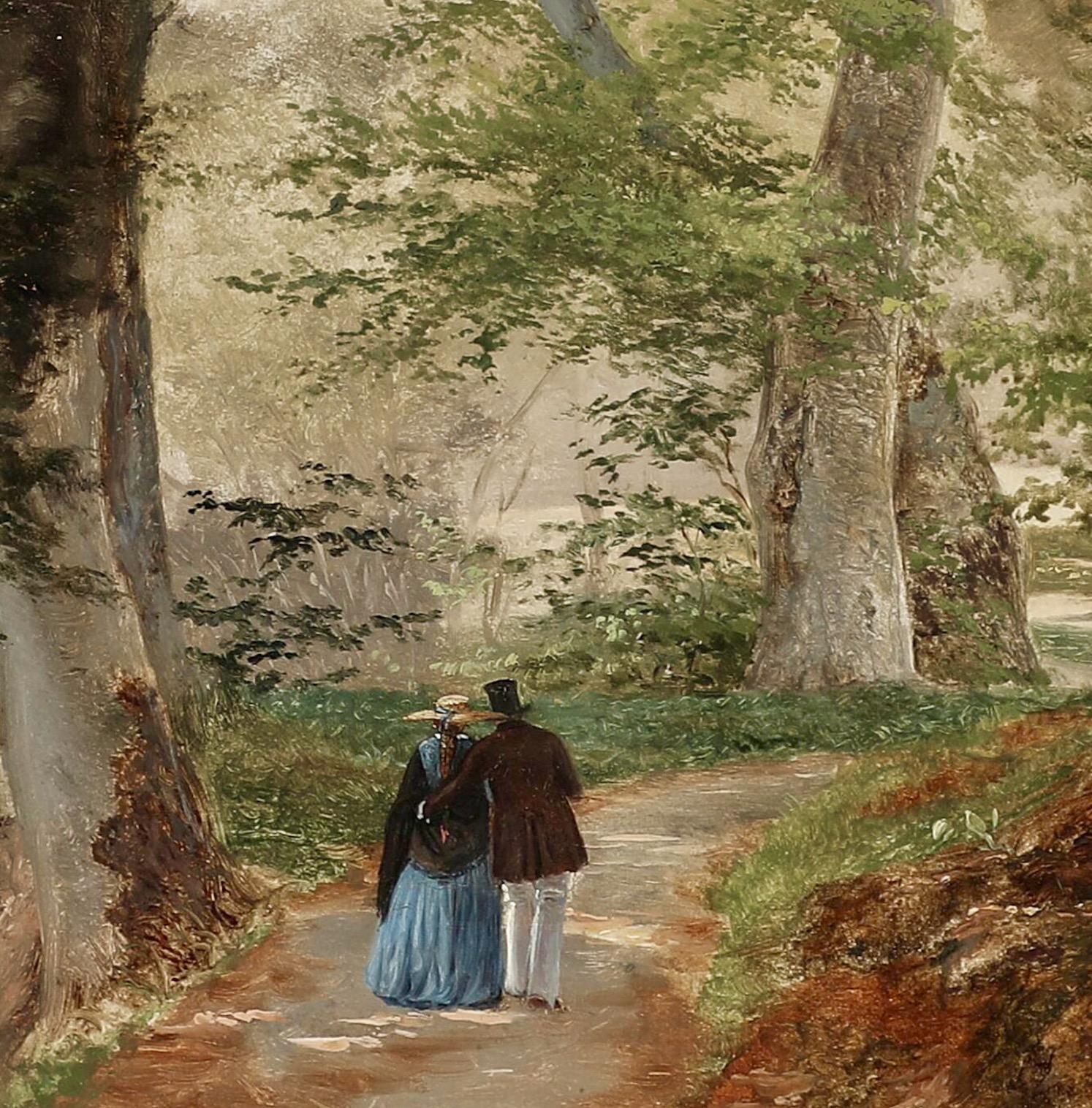 Morning Walk in the Forest - Oil on canvas 19th Century - Brown Landscape Painting by Axel Schovelin