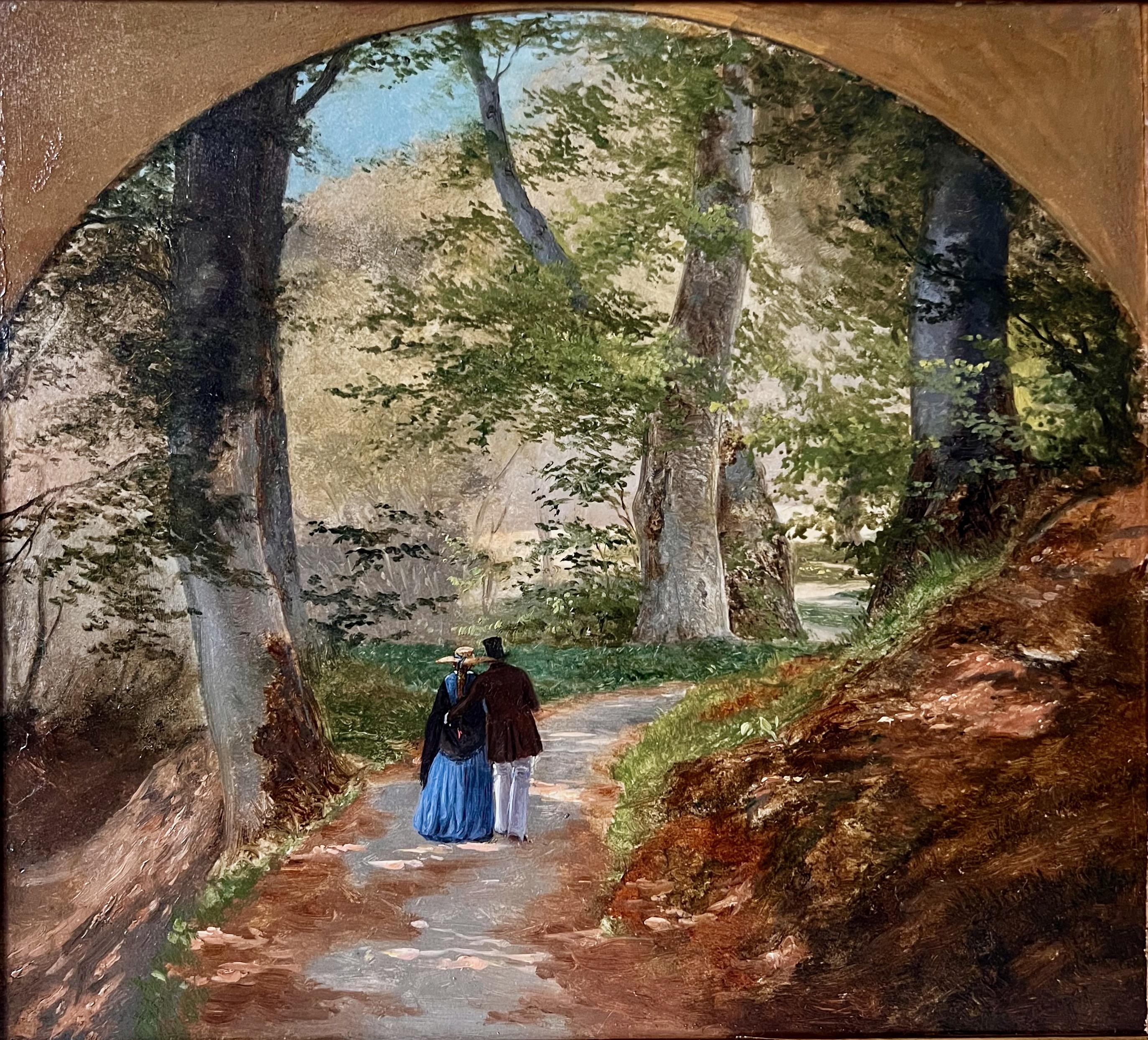 Ehepaar auf Morgenspaziergang im Wald - Öl auf Leinwand 19. – Painting von Axel Schovelin