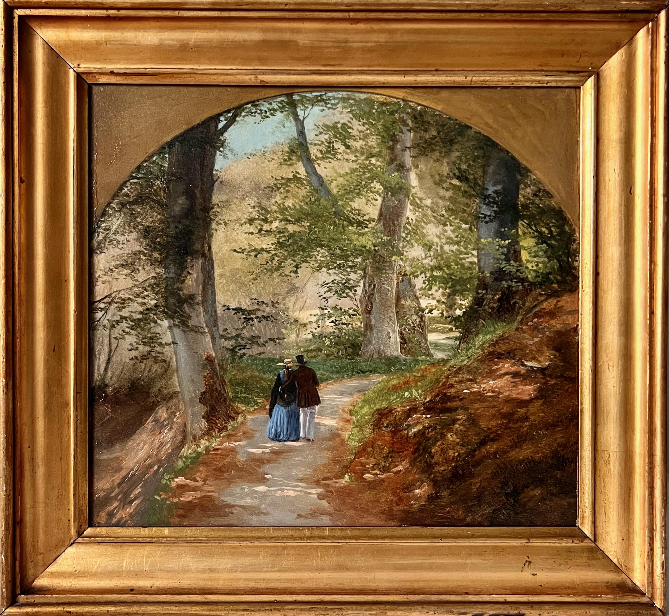 Ehepaar auf Morgenspaziergang im Wald - Öl auf Leinwand 19. (Naturalismus), Painting, von Axel Schovelin