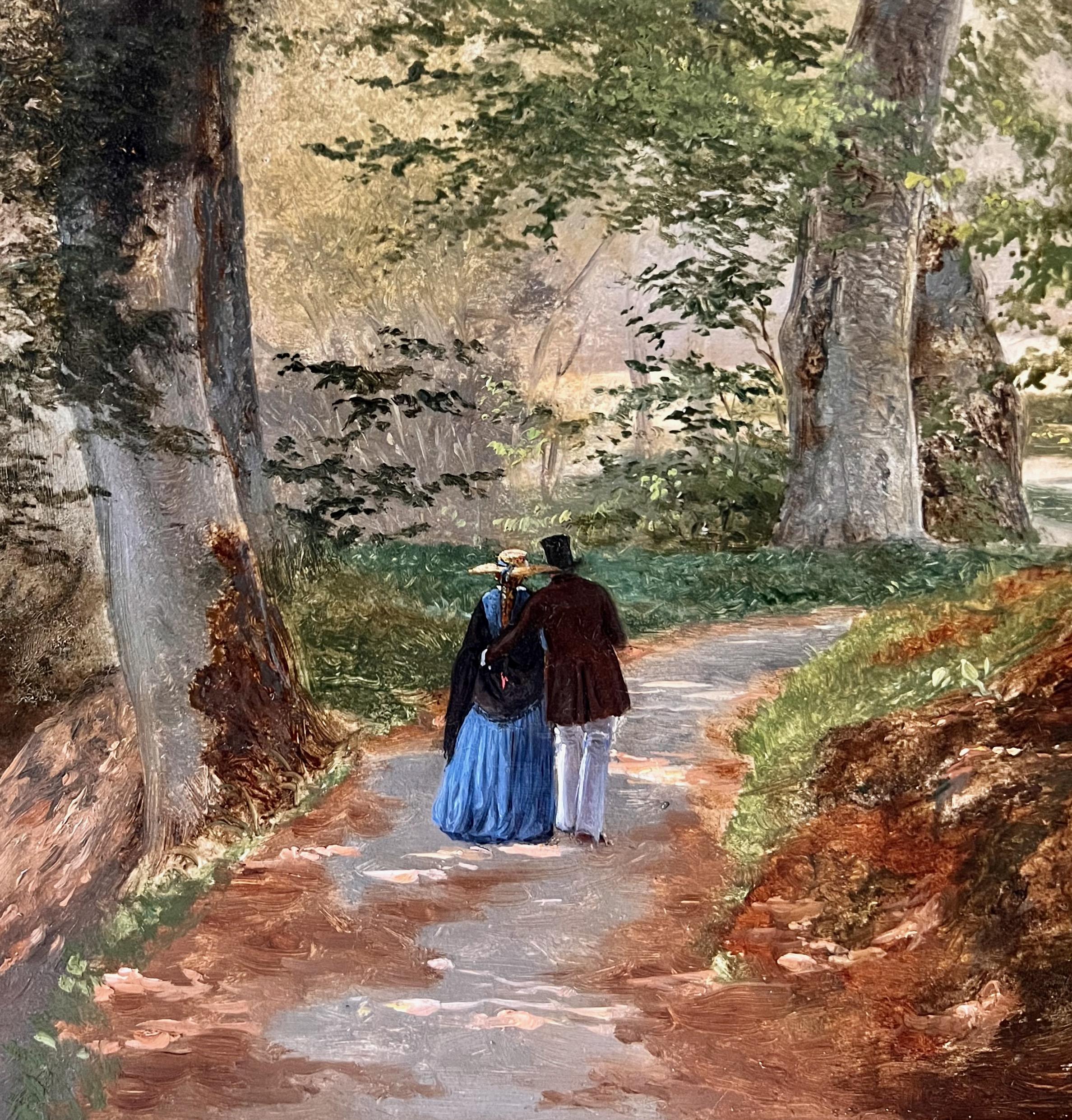 Ehepaar auf Morgenspaziergang im Wald - Öl auf Leinwand 19. im Angebot 1