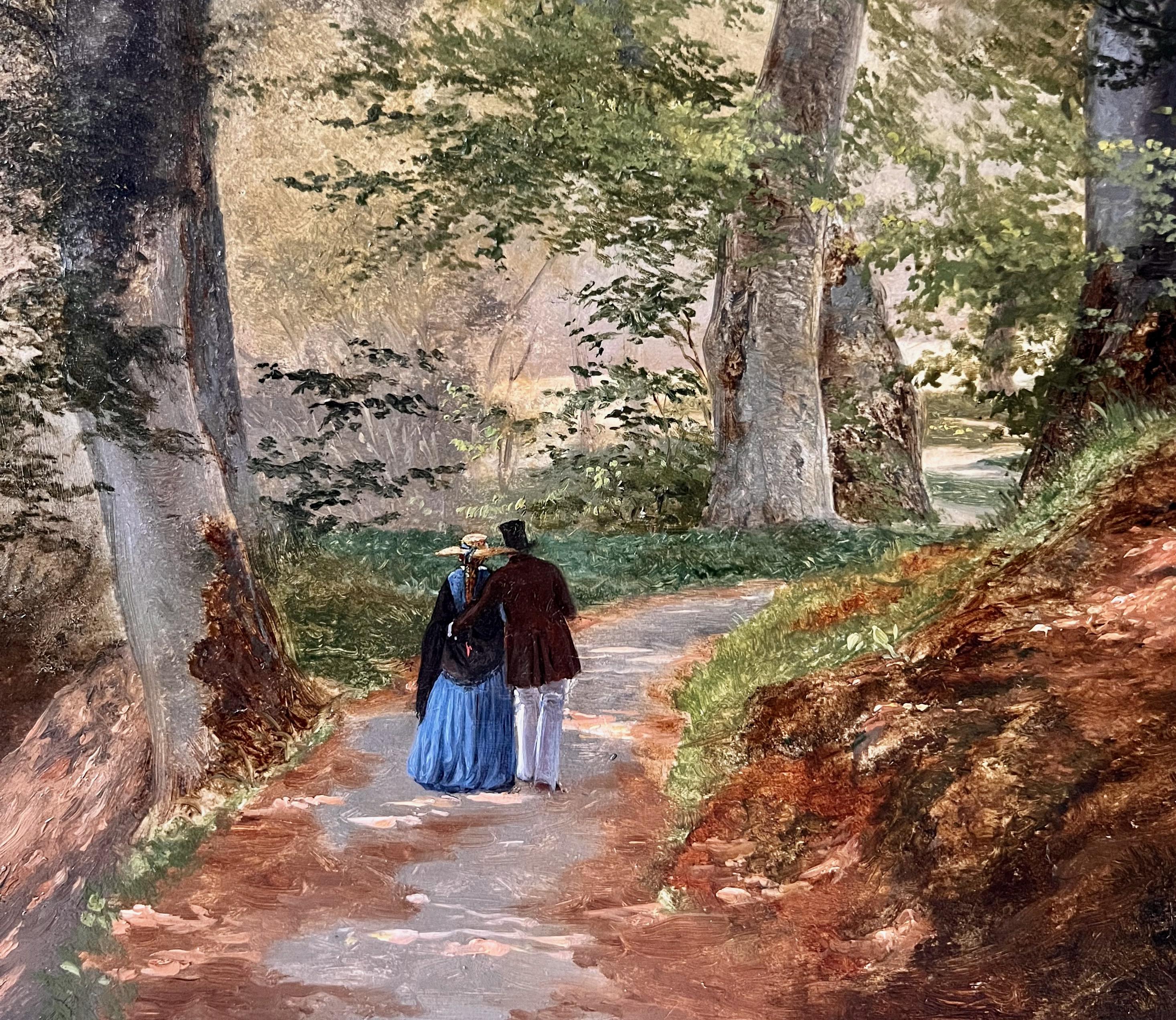Ehepaar auf Morgenspaziergang im Wald - Öl auf Leinwand 19. (Braun), Landscape Painting, von Axel Schovelin