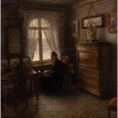Axel Søeborg, Interior Scene With Priest Reading, Oil Painting