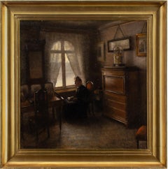 Antique Axel Søeborg, Interior Scene With Priest Reading, Oil Painting