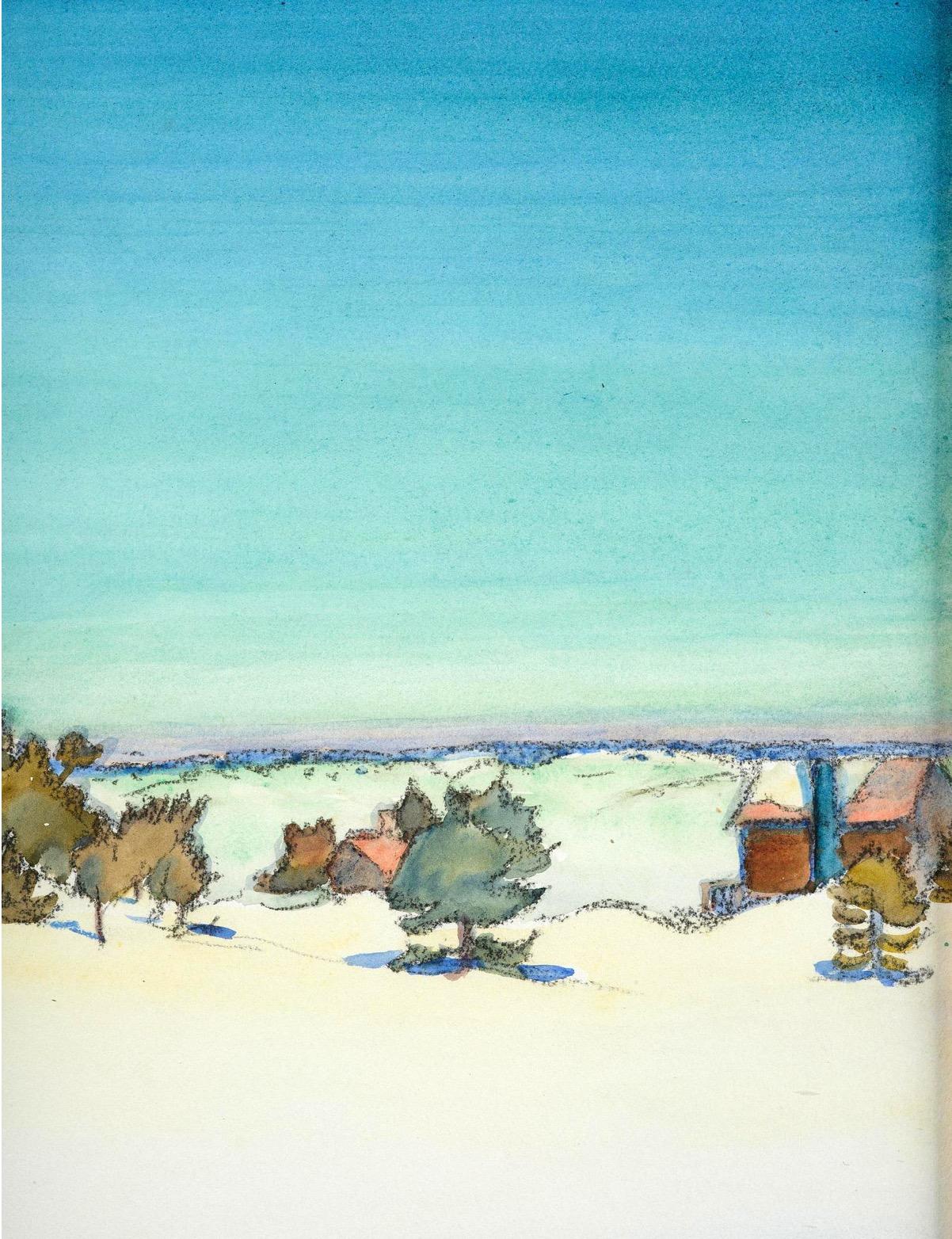 Schären-Winterlandschaft, Sandhamn, 
Aquarell und Kohle auf Papier, signiert und datiert, Axel Sjöberg 1924, Originalrahmen.  
Diese schöne Winterlandschaft aus Sandhamn in den schwedischen Ostschären, gemalt 1924, ist ein sehr gutes Beispiel für