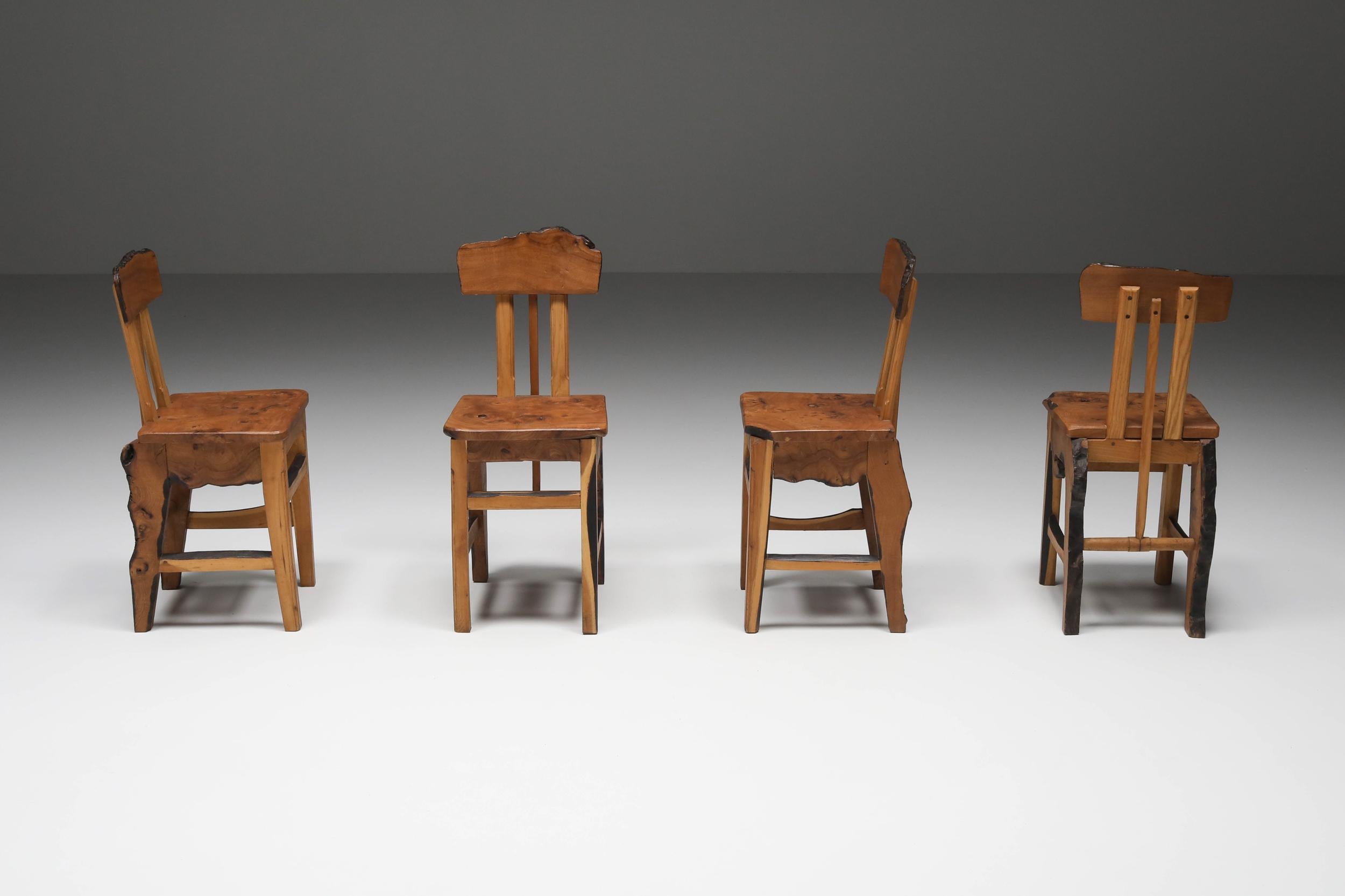 Wabi-Sabi; Elm; Wooden dining chairs; Dining chairs; Side Chairs; Atelier Marolles; Axel Vervoordt; Japanese Inspired; 1960's;

A unique set of six dining chairs in French elm custom-designed in an Atelier Français in the 1960s. The artisanal