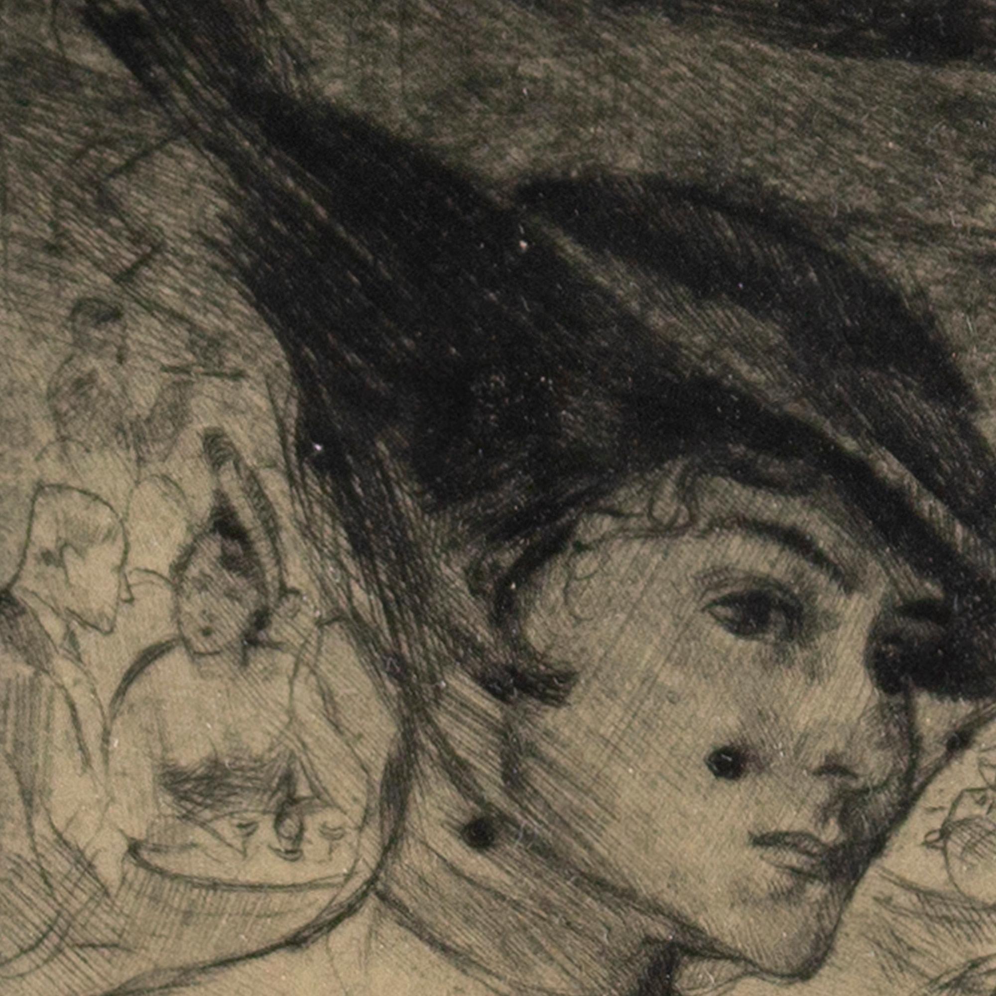 This stylish early 20th-century etching by Swedish artist Axel Wallert (1890-1962) depicts a young lady wearing an extraordinary hat. She’s attending a busy function and dressed to impress in the fashion-a-la-mode. It’s tricky to decipher exactly