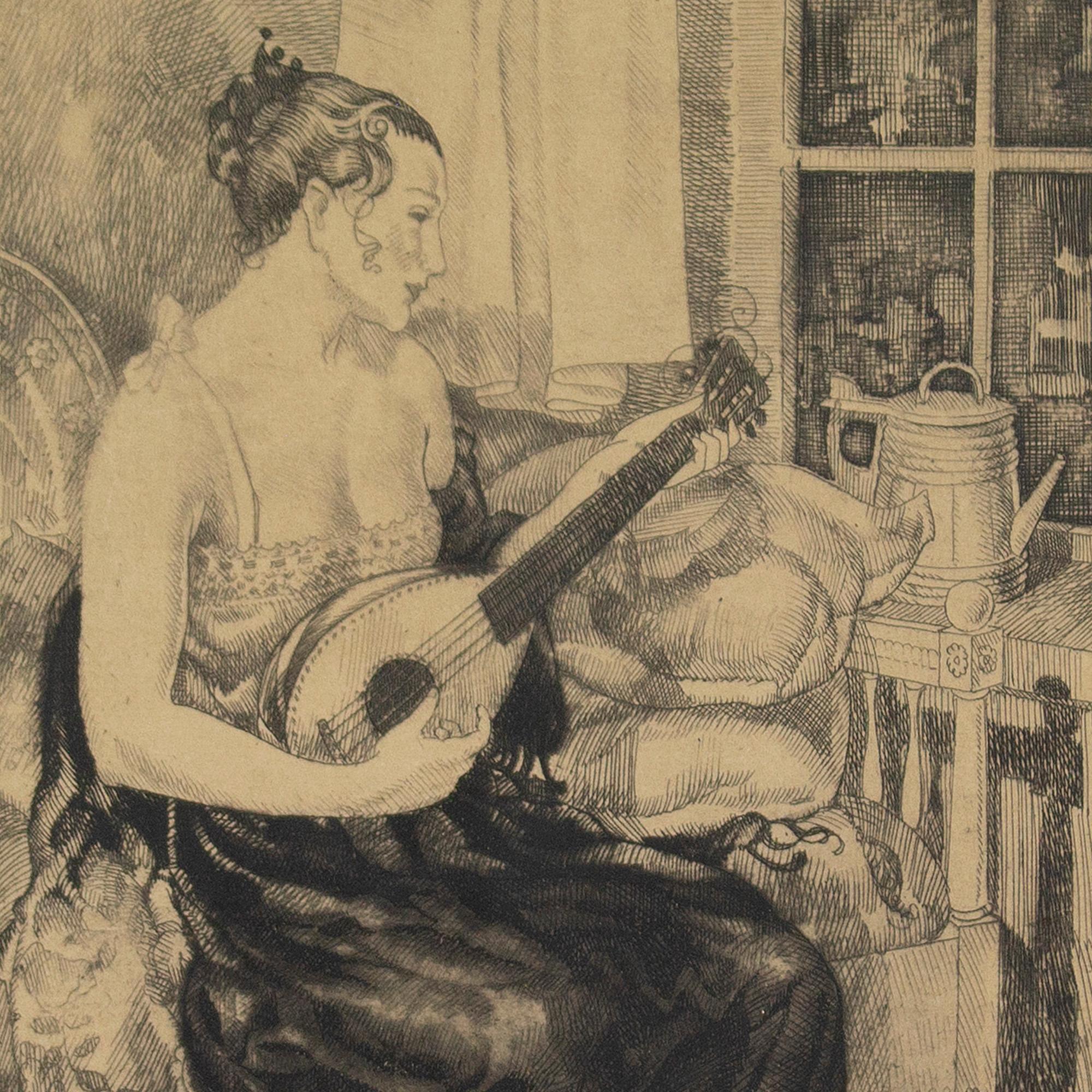 This exquisite early 20th-century etching by Swedish artist Axel Wallert (1890-1962) depicts a seated woman playing the mandolin. It’s brimming with style yet captured with sensitivity.

Given the relative level of intimacy, it’s plausible that the
