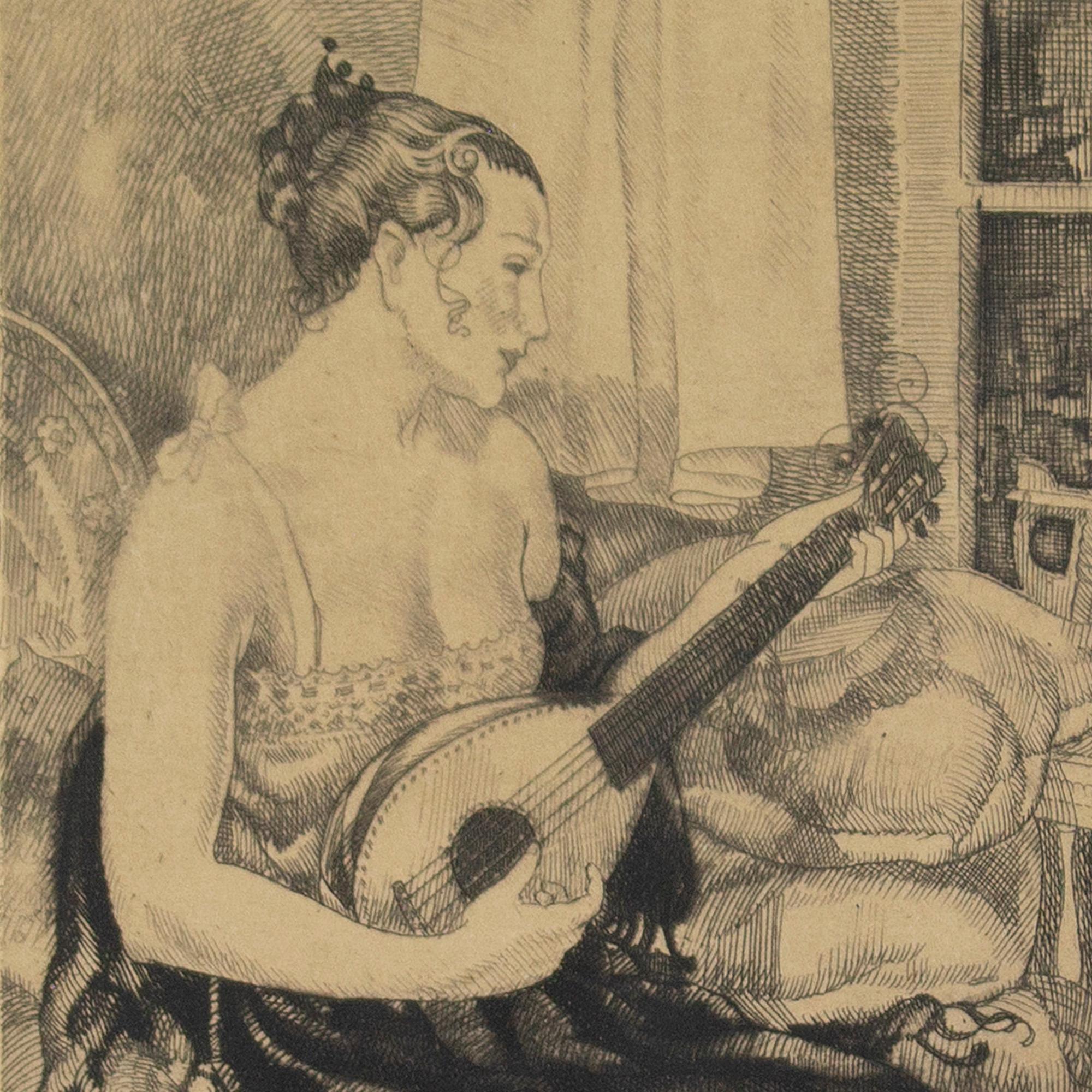 Axel Wallert, Seated Woman With Mandolin, Etching For Sale 2