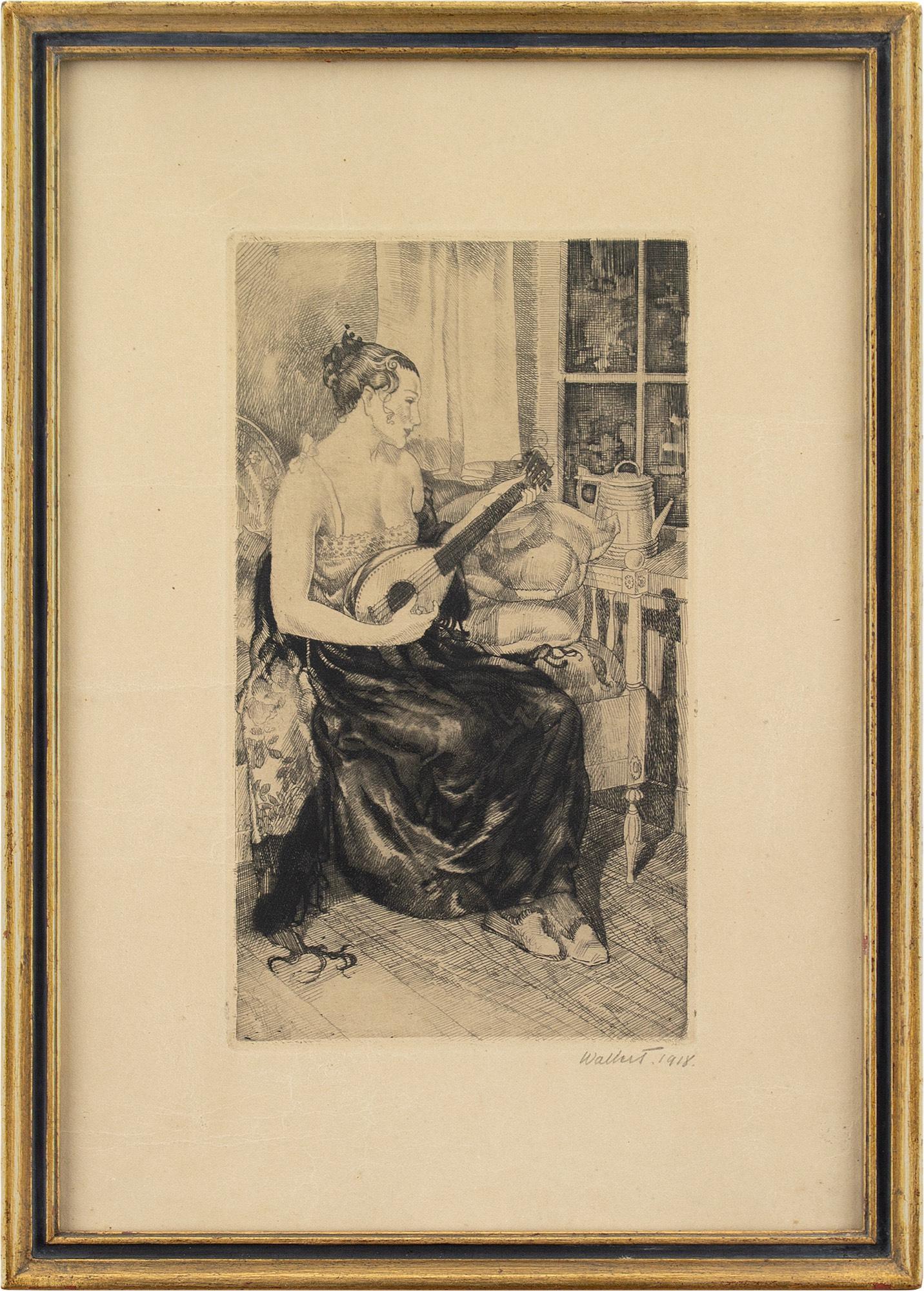 Axel Wallert, sitzende Frau mit Mandolin, Radierung