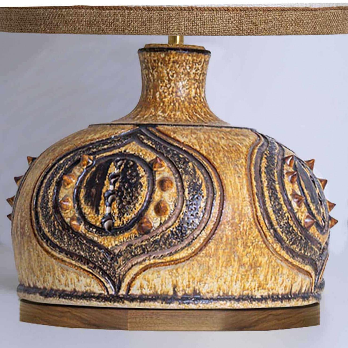 Late 20th Century Axella Ceramic Yellow Cognac Lamp with Custom Shade by R. Houben, Denmark 1970s For Sale