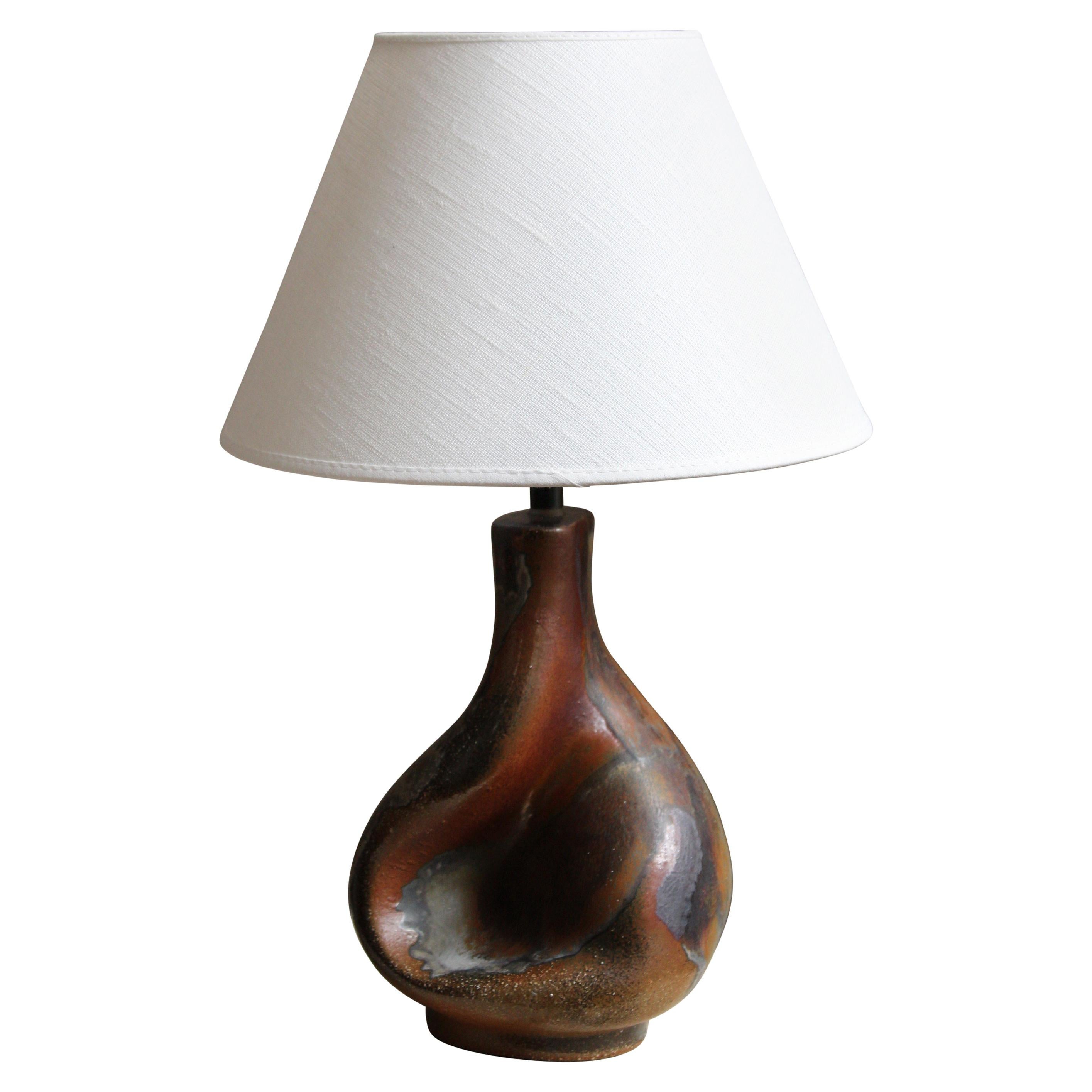 Axella, Organic Table Lamp, Glazed and Painted Stoneware, Linen, Denmark, 1960s