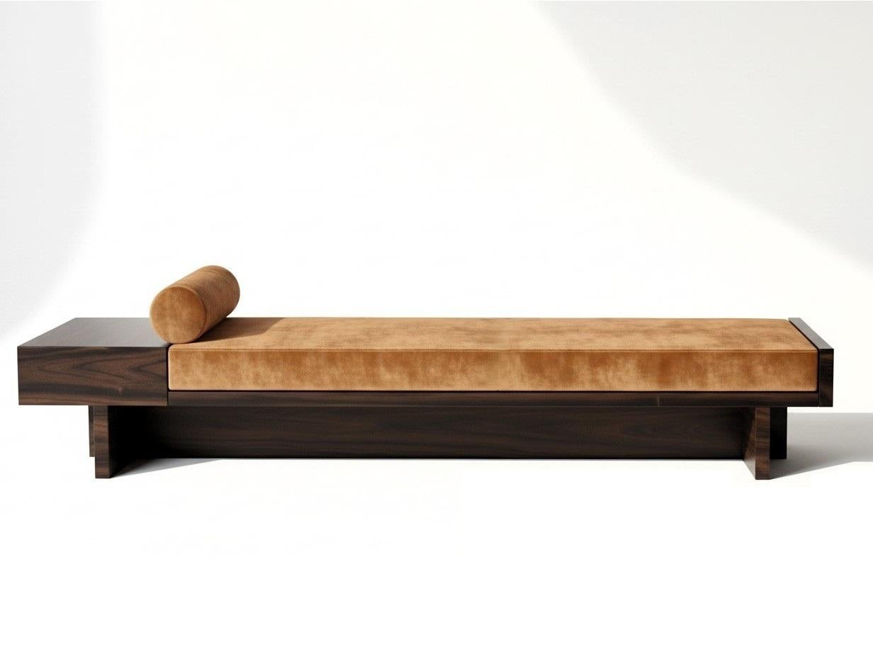 This architectural bench features a monolithic composition with a rectilinear platform and offset leg structure. The frame is constructed from engineered hardwood panels finished in Macassar ebony veneer, joined with mitred corners and supported by