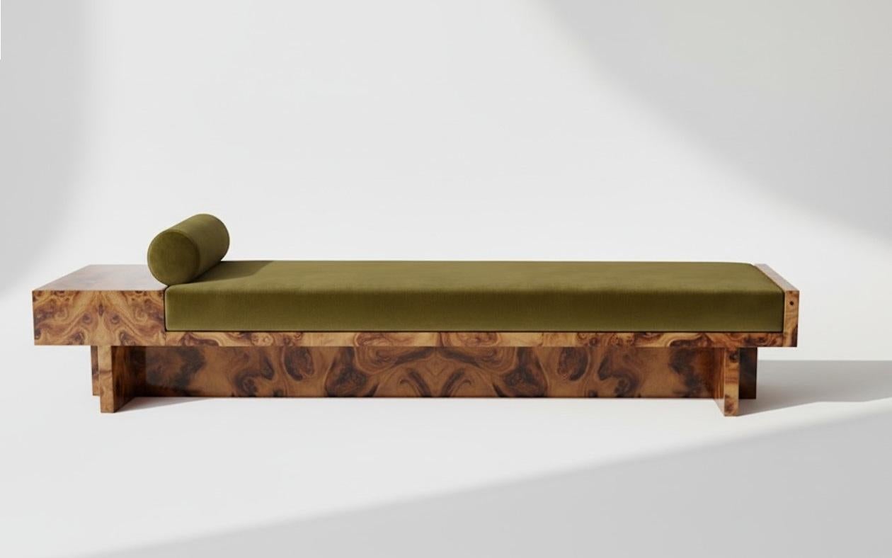 Hand-Crafted Axis Architectural Bench In Macassar And Velvet By Sidani Design For Sale