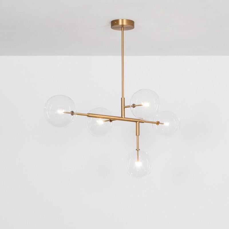 Brass Contemporary pendant Light by Schwung
Dimensions: D 72.4 x W 150.6 x H 174.4 cm
Materials: Solid brass, Hand-blown Glass. 
Finish: Natural Brass. 
Available in finishes: Black Gunmetal or Polished Nickel. 
All our lamps can be wired