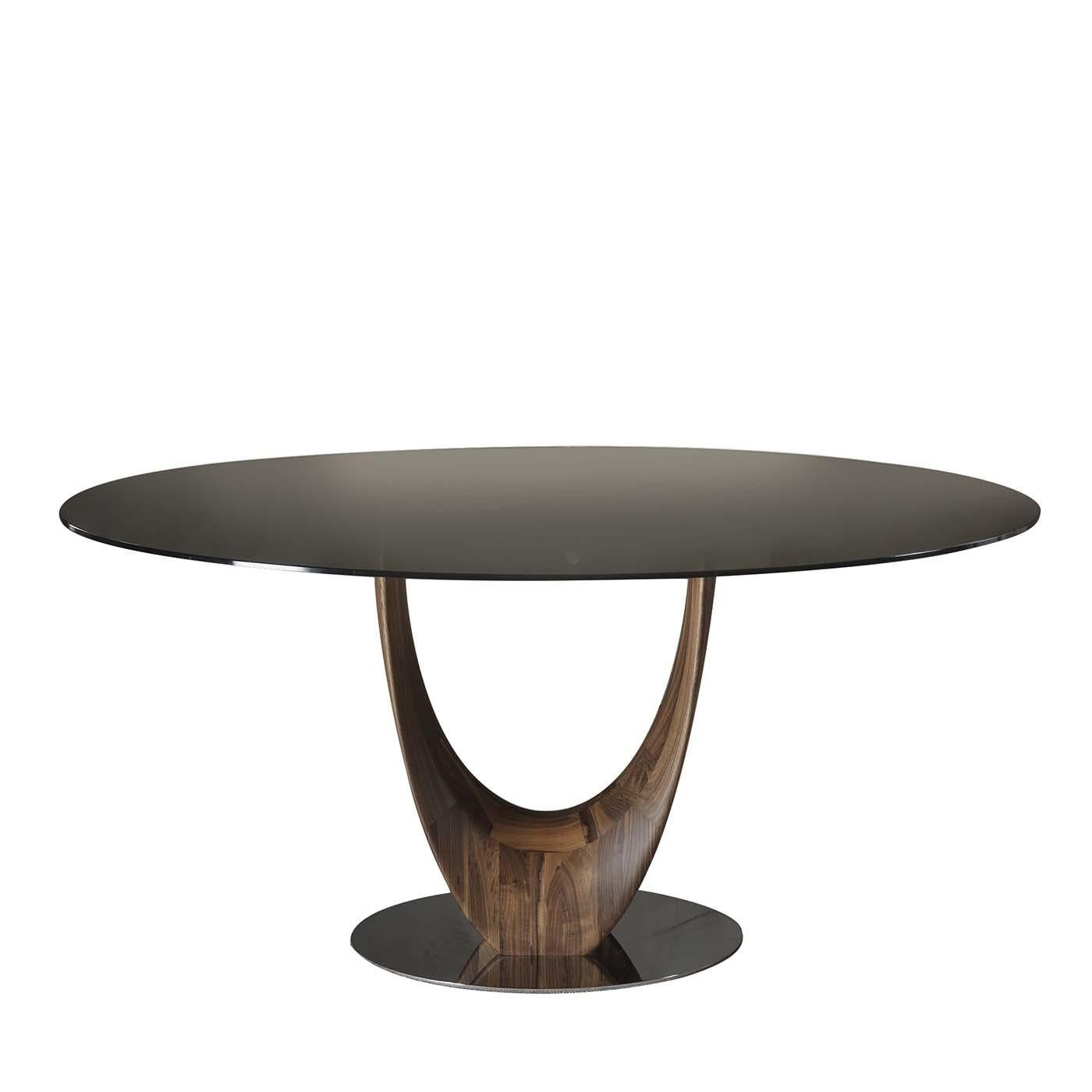 italien Grande table de salle à manger ronde Axis avec plateau en verre bronzé transparent par Stefano Bigi en vente