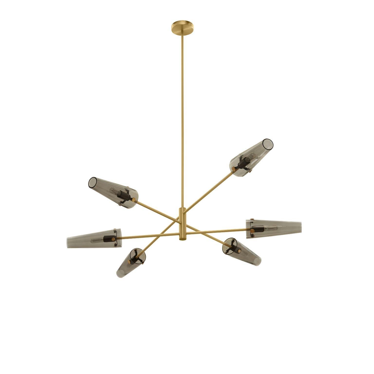 Axis six pendant lamp by CTO Lighting
Materials: Satin brass or dark bronze with smoked glass shades 
Dimensions: 172 x H min 24 cm

All our lamps can be wired according to each country. If sold to the USA it will be wired for the USA for
