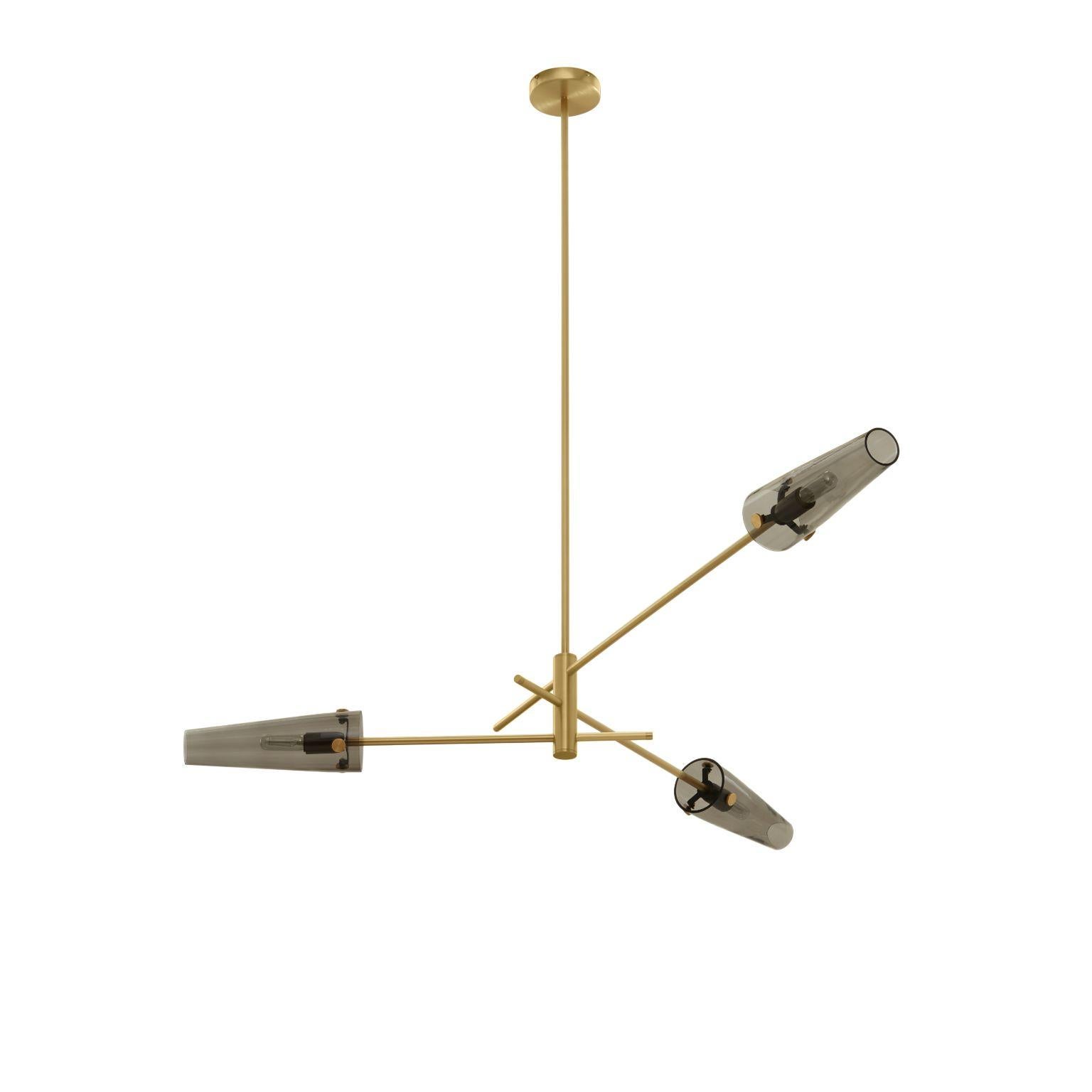 Axis three pendant lamp by CTO Lighting
Materials: Satin brass or dark Bronze with smoked glass shades
Dimensions: 121 x H min 24 cm 

All our lamps can be wired according to each country. If sold to the USA it will be wired for the USA for