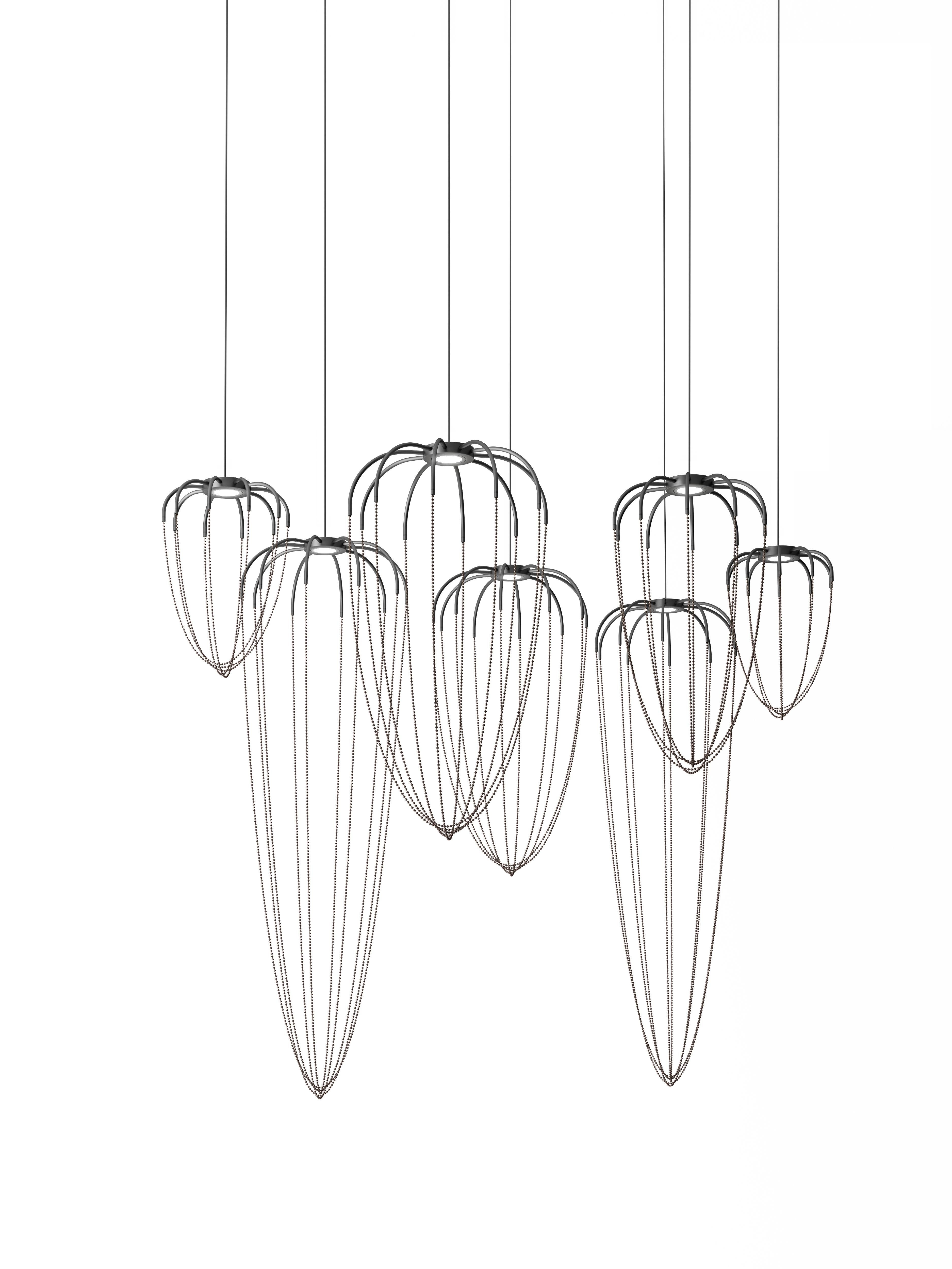 Axolight Alysoid Large Pendant Lamp in Anthracite Grey Aluminum Body with Nickel Chains by Ryosuke Fukusada

Precious spherical details chase each other with soft elegance and compose open signs in space. The refined volume of Alysoid lets itself be
