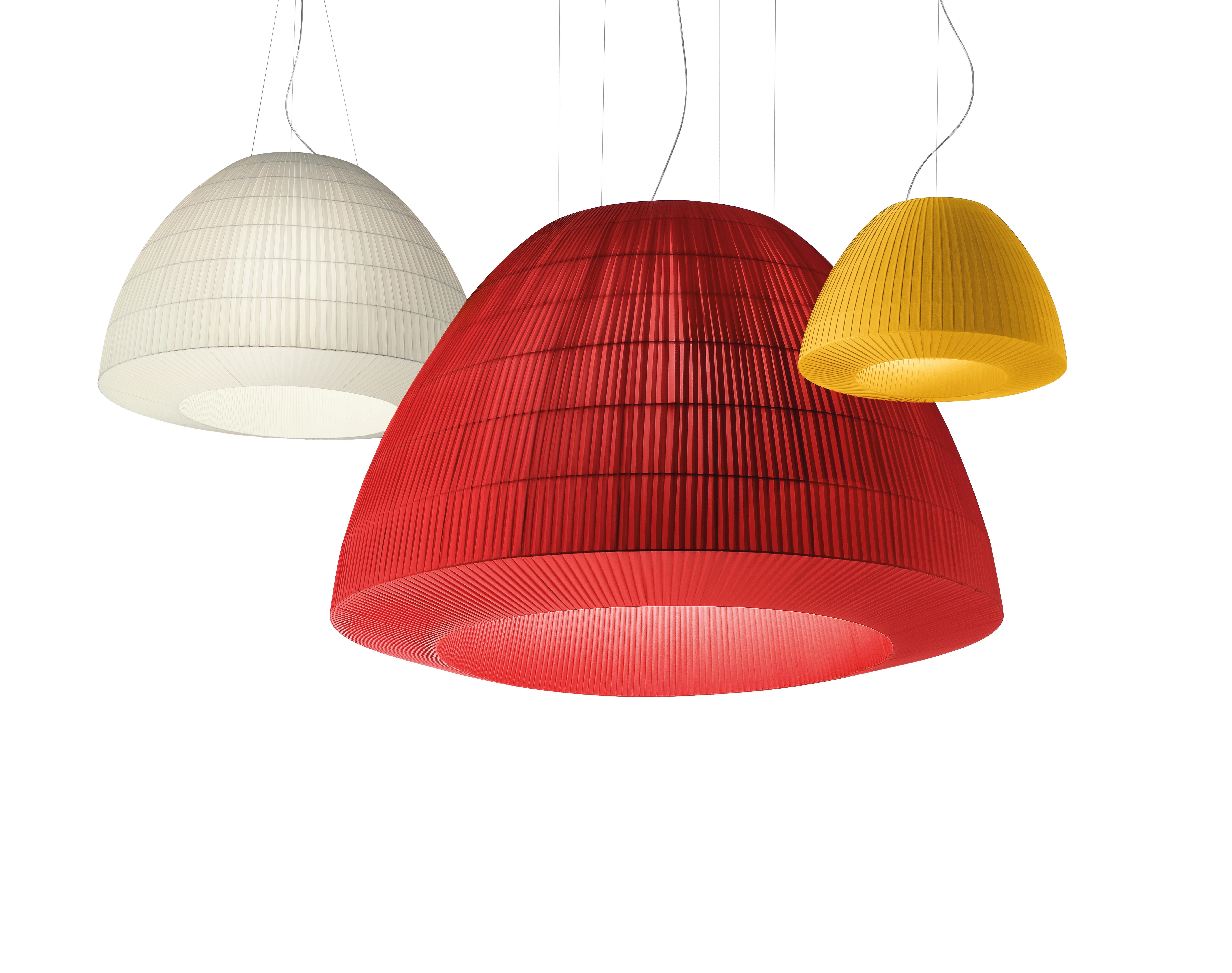 Axolight Bell Extra Large Pendant Lamp in Yellow by Manuel & Vanessa Vivian

The ceiling version of Bell is in continuity with the aesthetic of the pendant one. The lightness given by the fabric, the multidimensionality and the chromatic variations