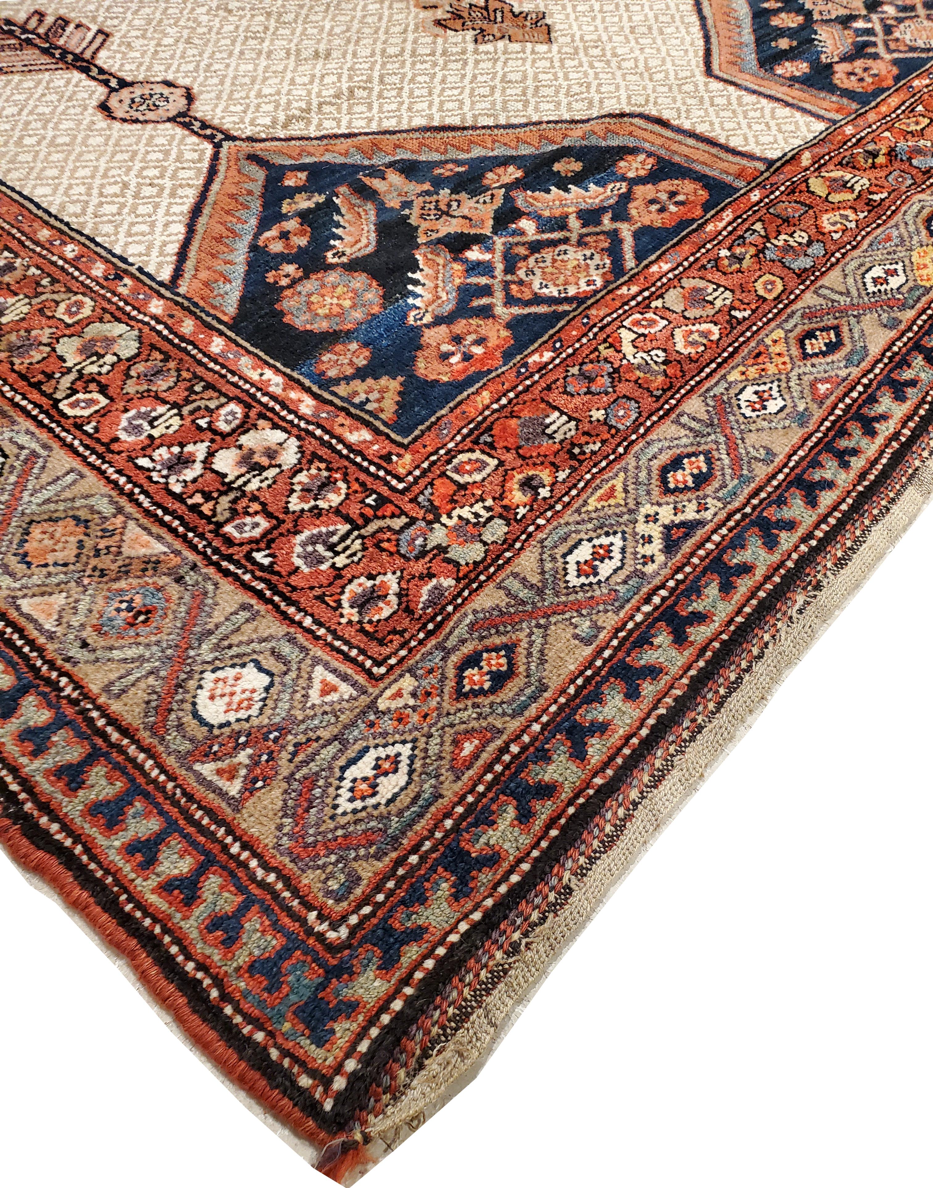 Antiker persischer Serab-Teppich, handgefertigter Orientteppich aus Wolle, Rot, Elfenbein, Kamel, Blau (Heriz Serapi) im Angebot