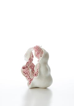 Abstract Organic Form, Glazed Ceramic Sculpture, Pink, Floral Shape, Japanese