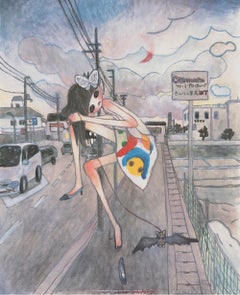 Une promenade de nuit - Une lune rose émergée. Impression offset par Aya Takano
