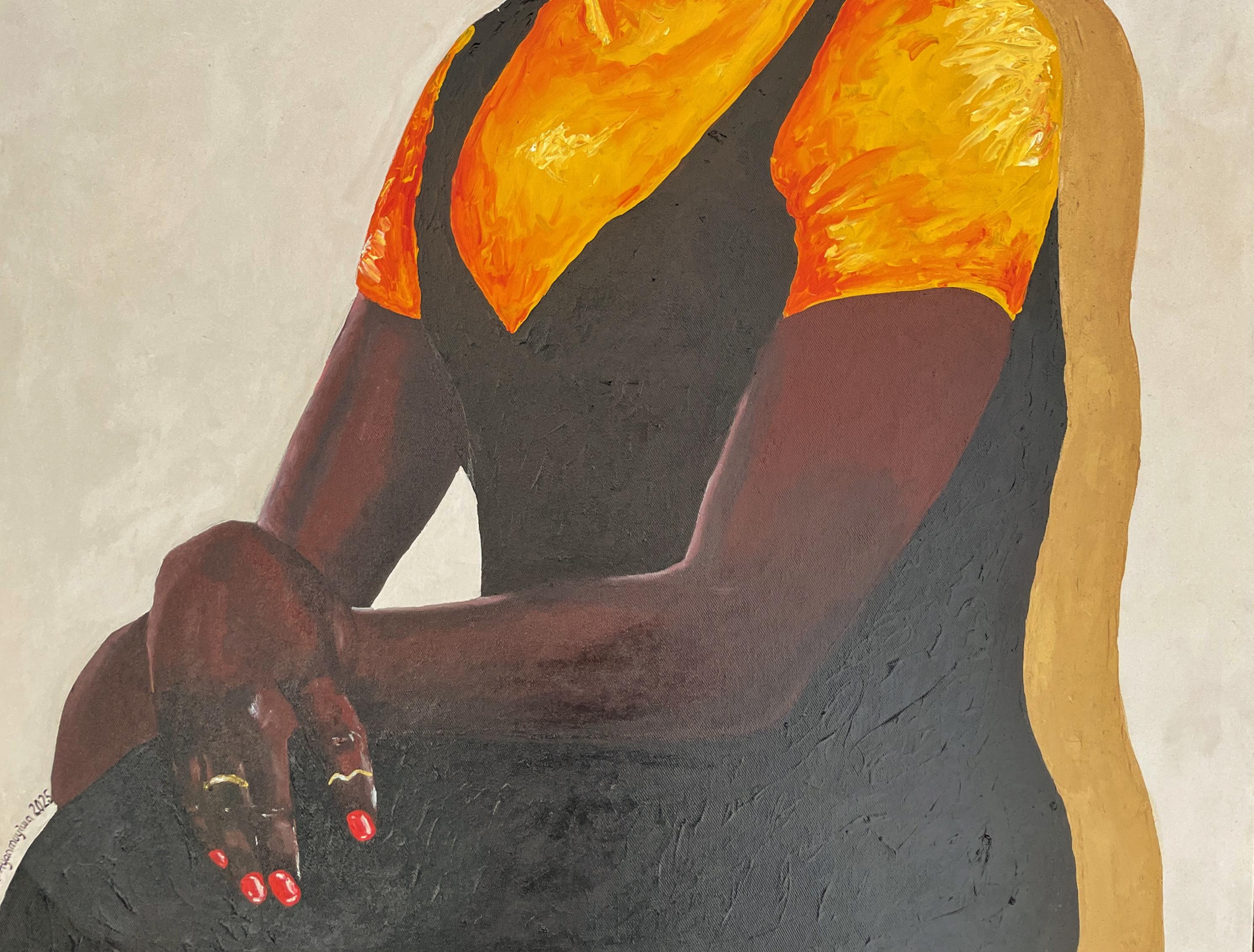 Diversity of Thoughts -21st Century, Contemporary, Figurative, Portrait, African - Beige Figurative Painting by Ayandare Adeniran Ayanmuyiwa