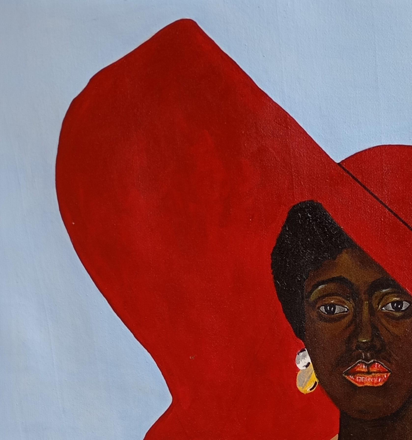 Woman - 21st Century Contemporary, Figurative Portrait, African Woman on Red Hat - Painting by Ayandare Adeniran Ayanmuyiwa