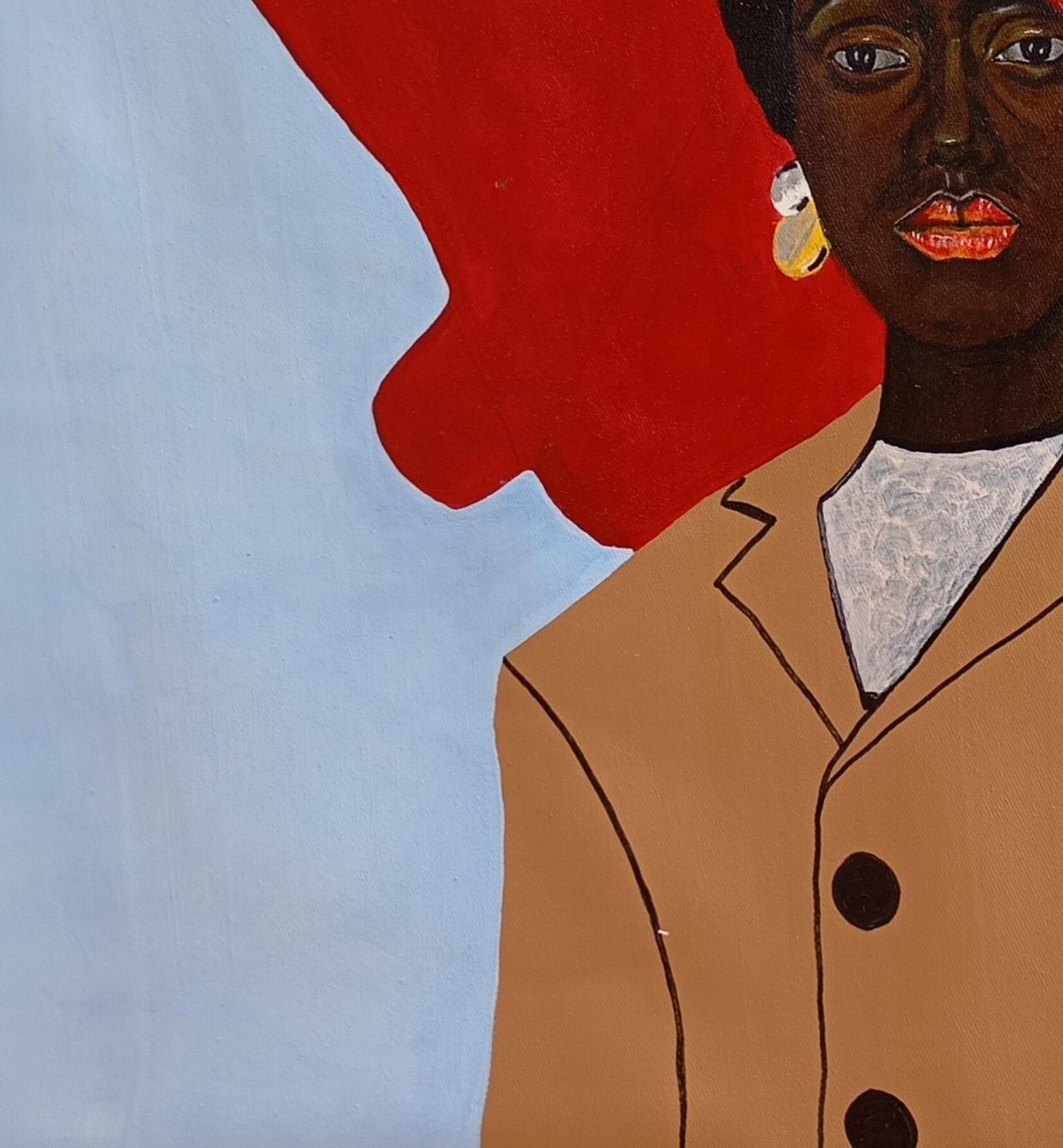 Woman - 21st Century Contemporary, Figurative Portrait, African Woman on Red Hat - Blue Figurative Painting by Ayandare Adeniran Ayanmuyiwa