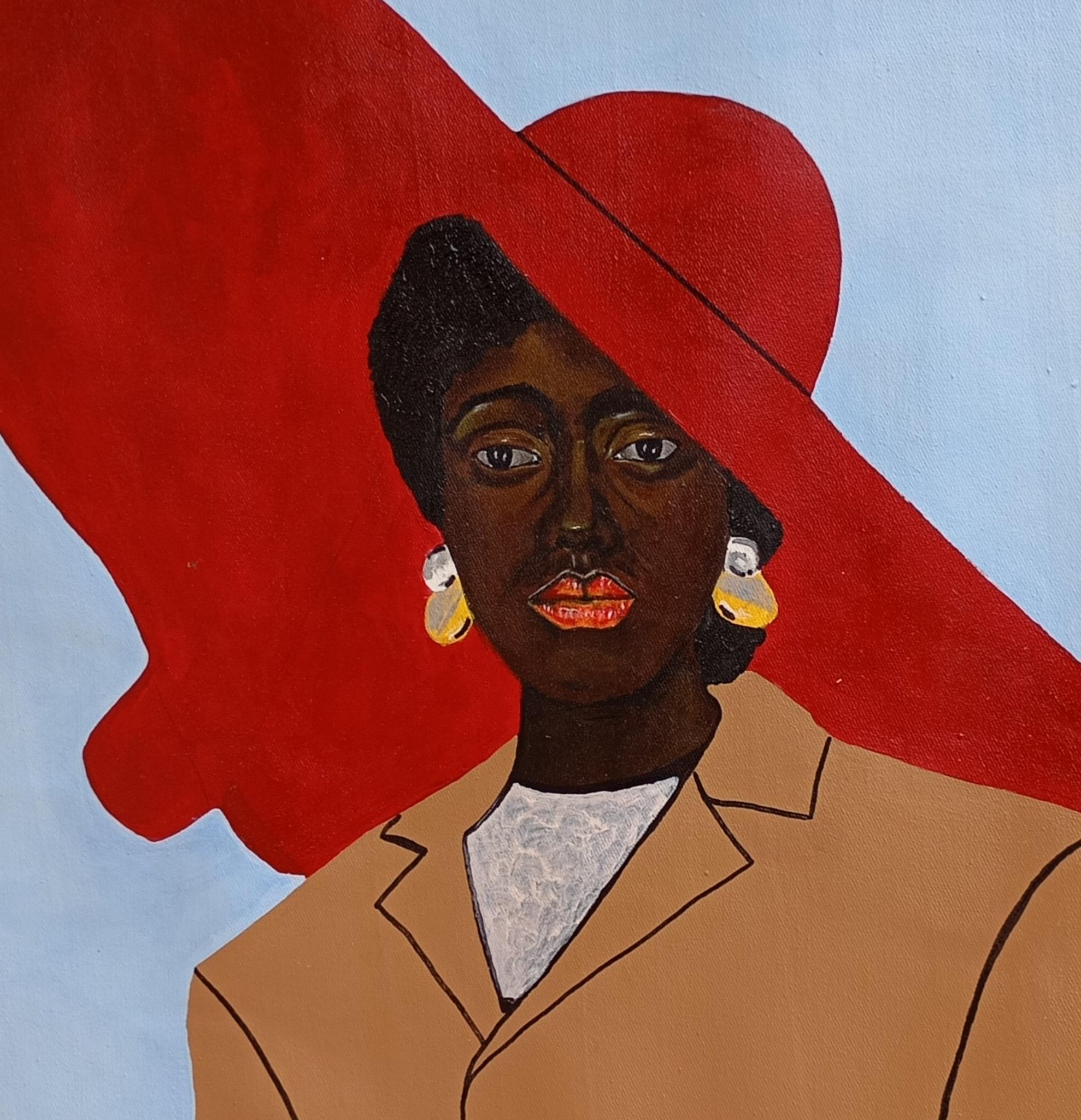 Woman - 21st Century Contemporary, Figurative Portrait, African Woman on Red Hat For Sale 1