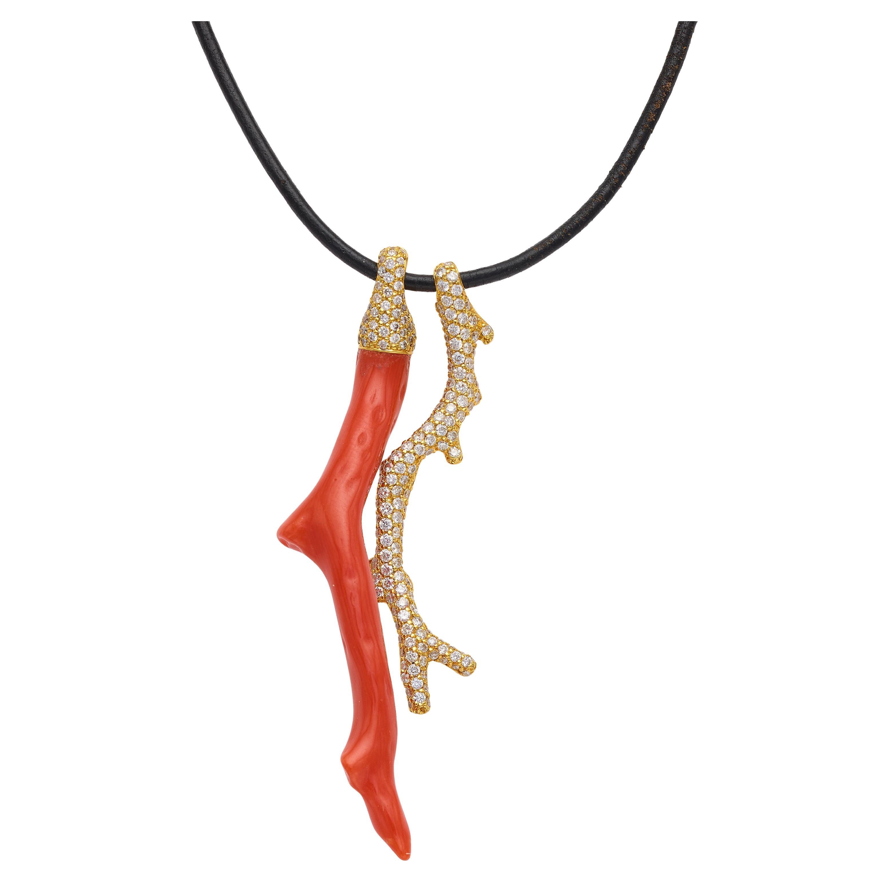 Aylin Aker 1980s 18k Yellow Gold Coral & Diamond Charm Necklace