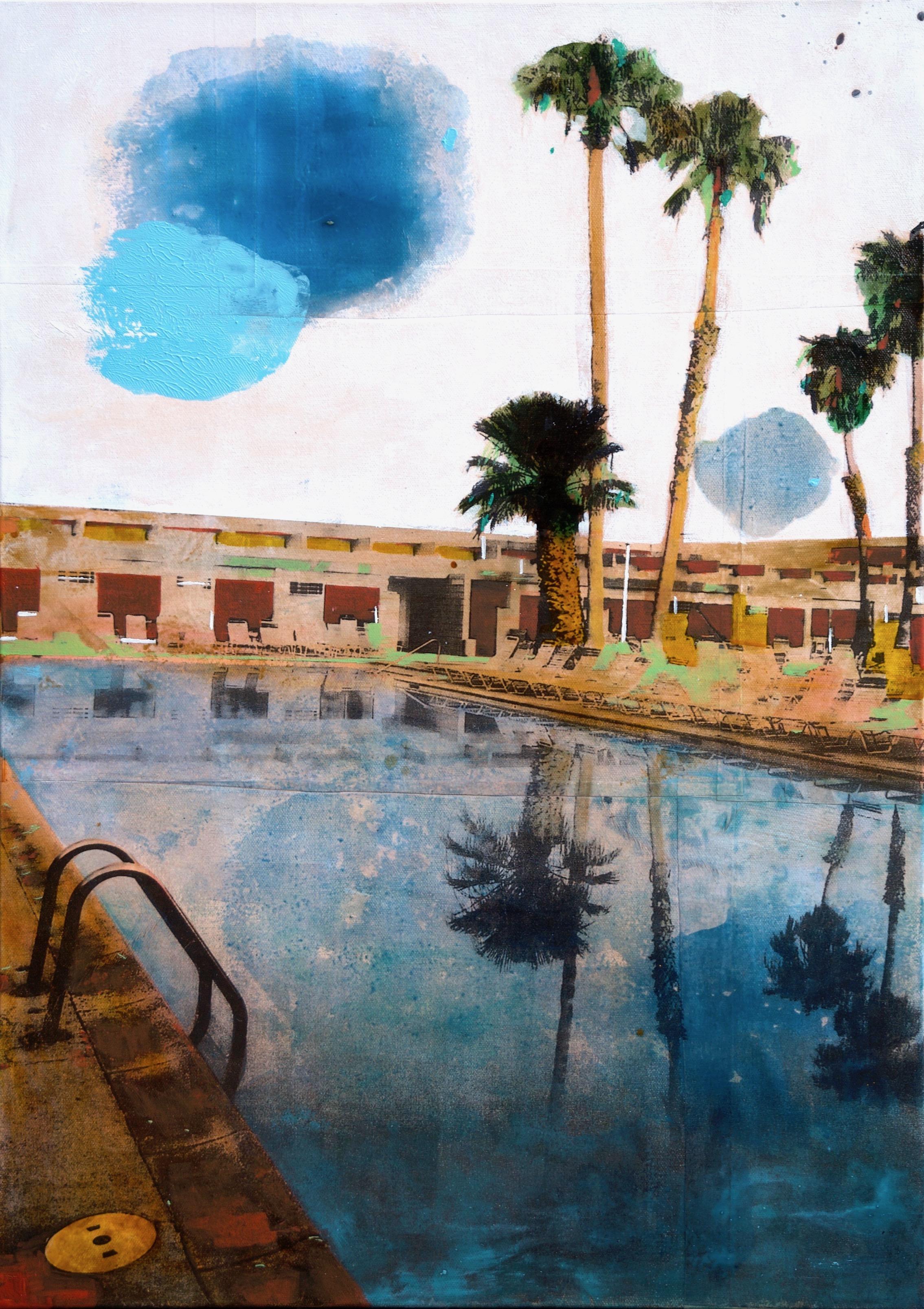 Landscape Painting Ayline Olukman - Miroir de palmier -  un reflet californien d'arbres de palmier dans une piscine