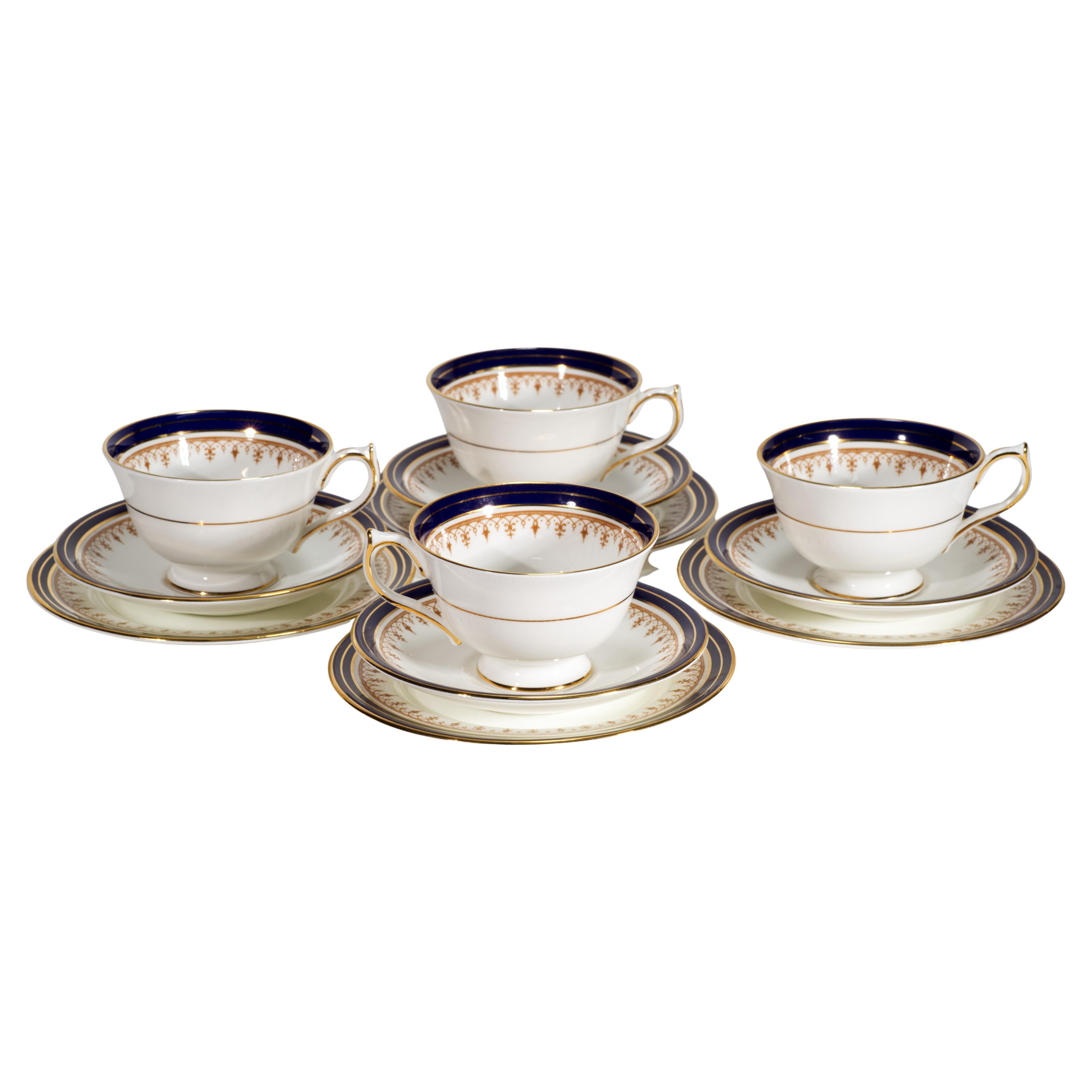 Aynsley England Leighton Cobalt Set di 4 tazze, piattini e piatti in porcellana