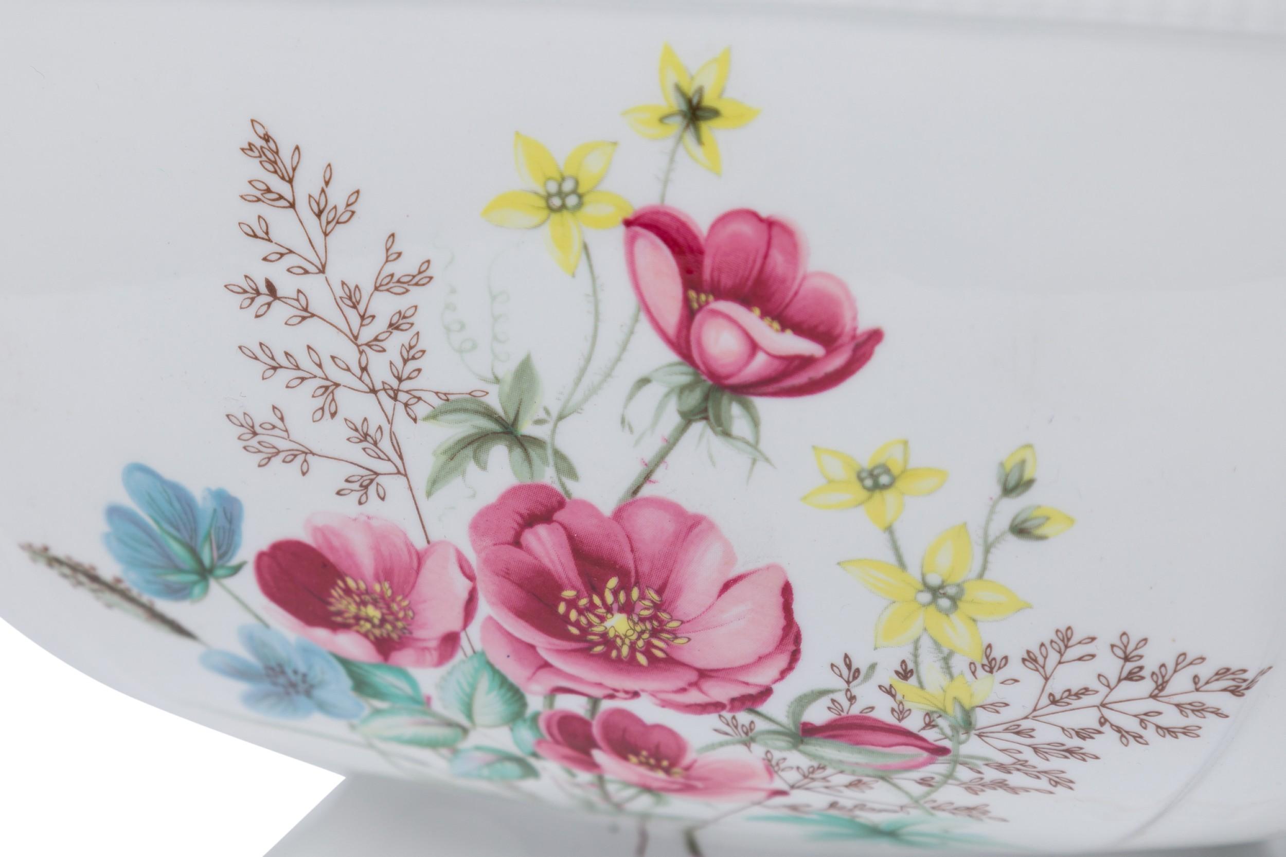 Mid-Century English bone china square form, footed bowl with scalloped corners and textured gilt rims, features a painted multicolor floral spray centered on each side, both interior and exterior. (AYNSLEY)