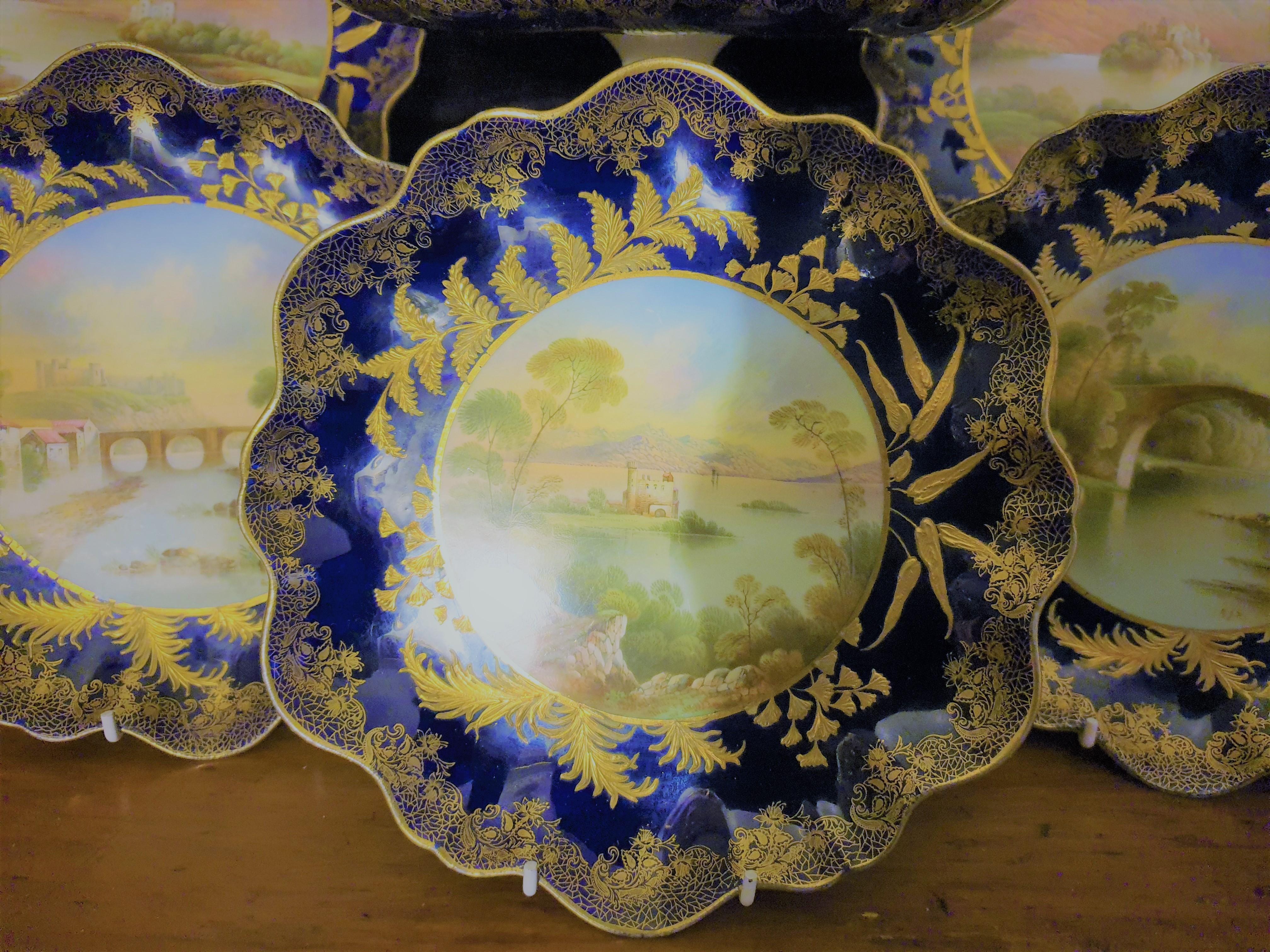 Aynsley English Hand Painted Raised Gilding Dessert Service Signed J Keeling In Excellent Condition For Sale In London, GB