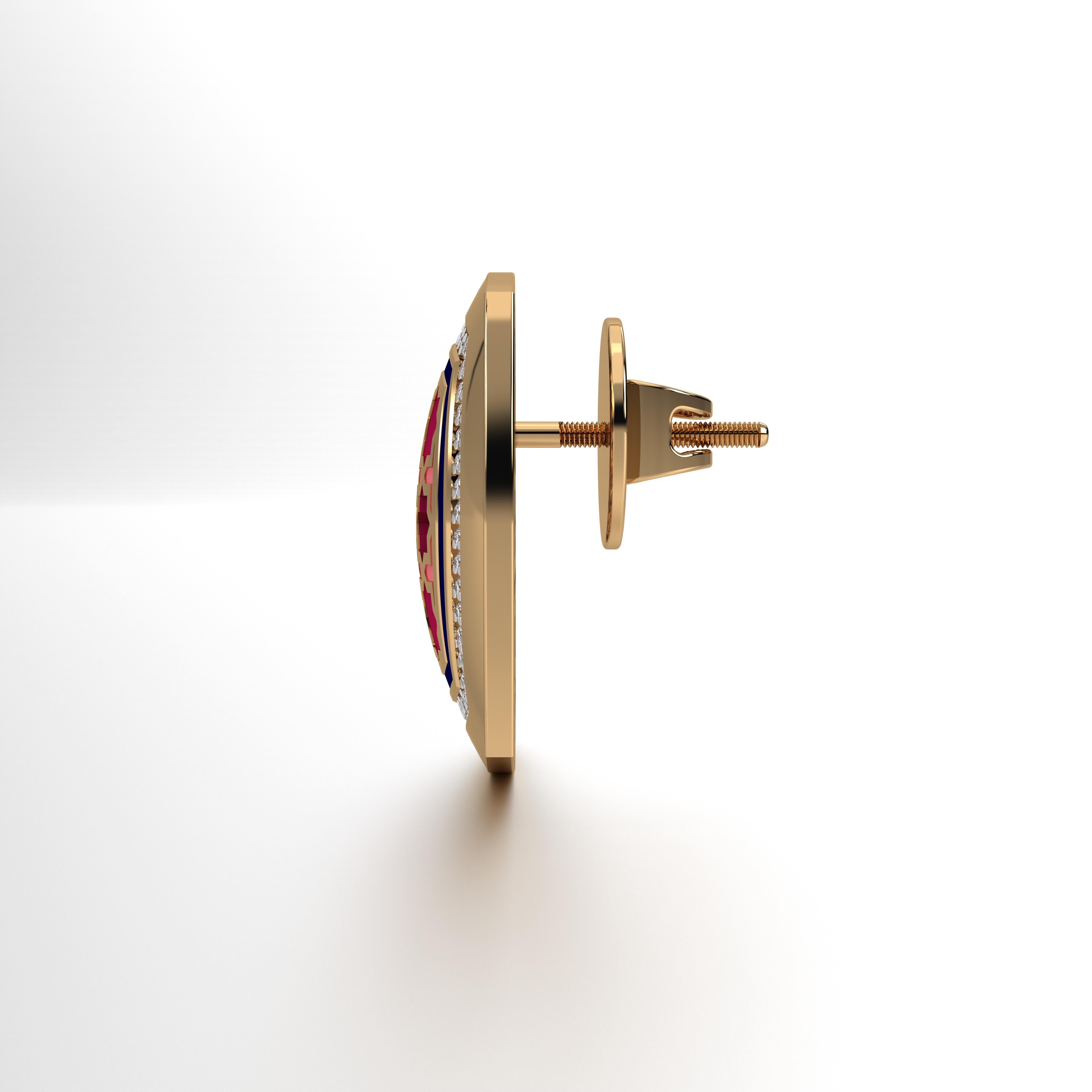 Aynur Cushion Studs Medium, from our award winning Miraas collection meticulously crafted in 18kt gold, with finely assorted diamonds, and set with 6 point star Persion girih pattern in specially formulated Prussian Blue, Cardinal Red and Melon