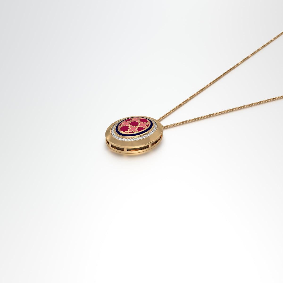 Ciondolo ovale Aynur con catenina media, della nostra pluripremiata collezione Miraas, meticolosamente realizzato in oro 18kt, con diamanti finemente assortiti e incastonato con motivo Morroccan Zilij a otto punte con dettagli in smalto blu di