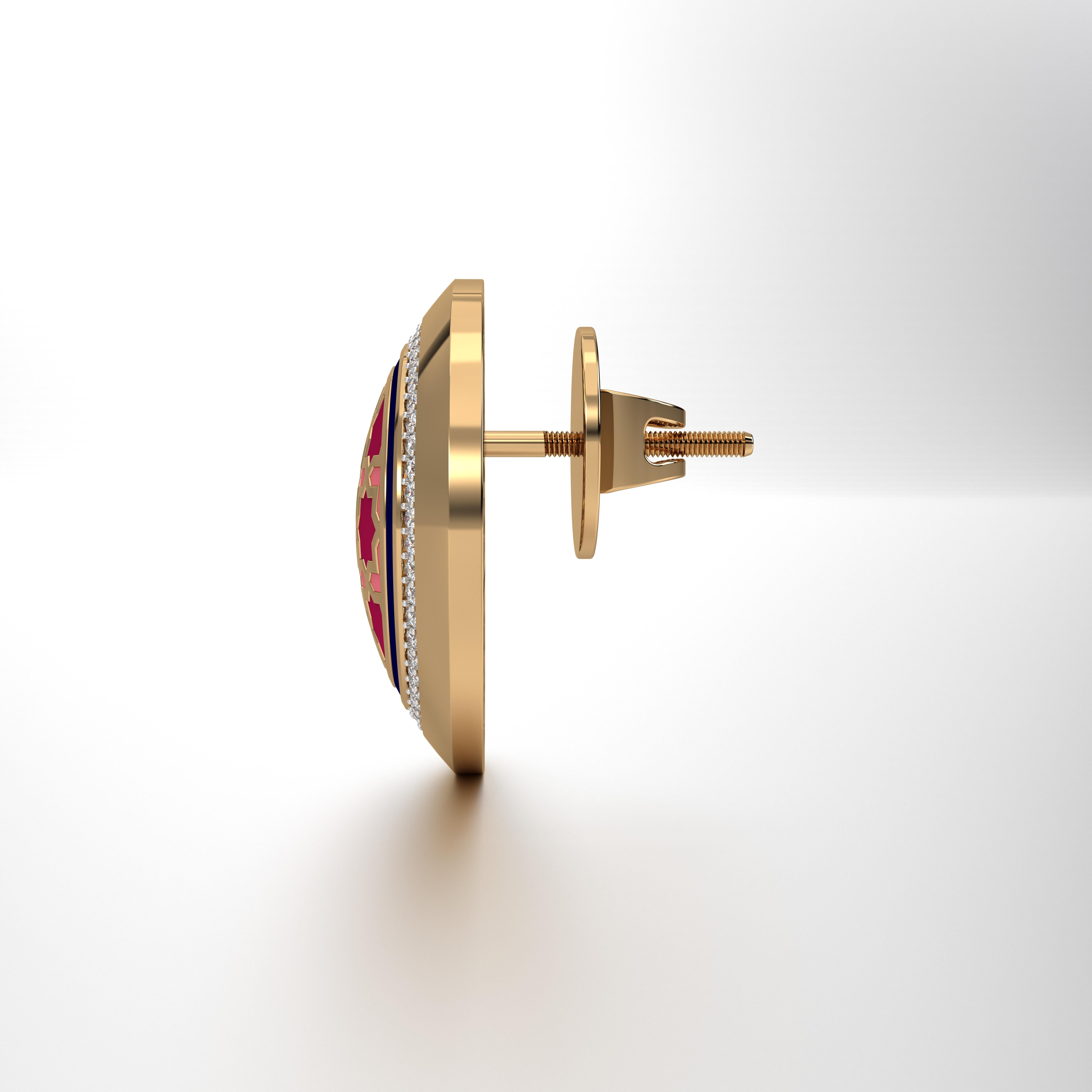 Aynur Round Studs Medium, from our award winning Miraas collection meticulously crafted in 18kt gold, with finely assorted diamonds, and set with Turkish octagonal honeycomb tessellation pattern in specially formulated Prussian Blue, Pastel
