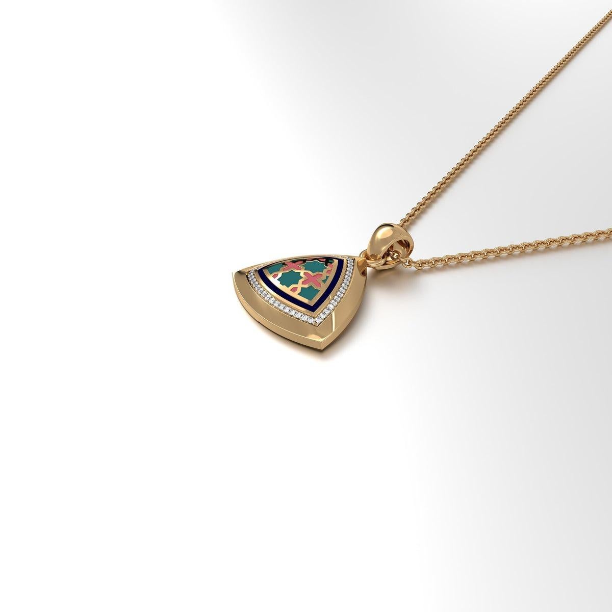 Ciondolo Aynur Trillion con Loop Medium, della nostra premiata collezione Miraas, meticolosamente realizzato in oro 18kt, con diamanti finemente assortiti e incastonato con motivo Morroccan Zilij a otto punte con dettagli in smalto blu di Prussia,
