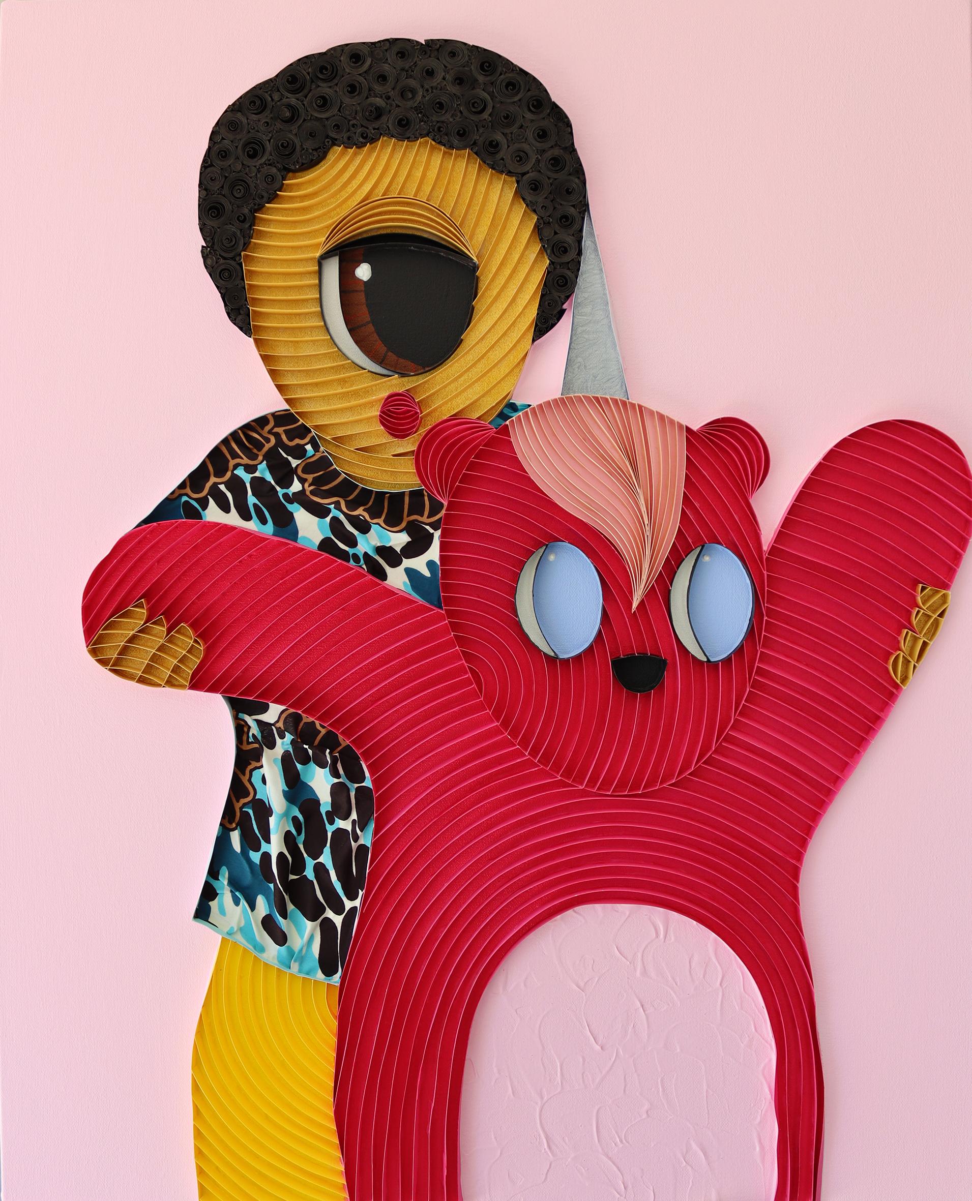 Animal Painting de Ayobola Kekere-Ekun - "Peluche V" - Retrato figurativo en técnica mixta con oso de juguete