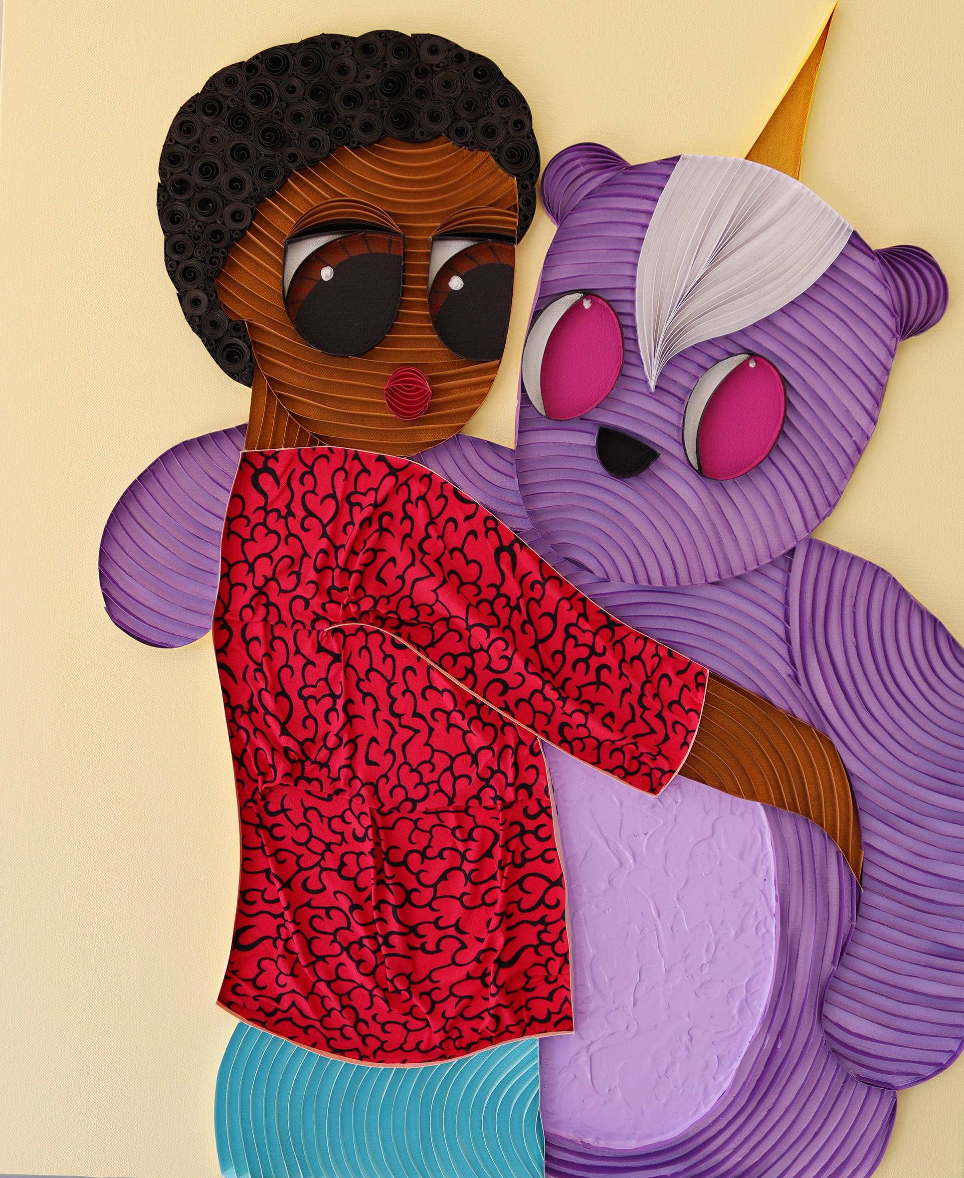 "Peluche VI" - Obra de arte figurativa en técnica mixta con una mujer y un oso morado